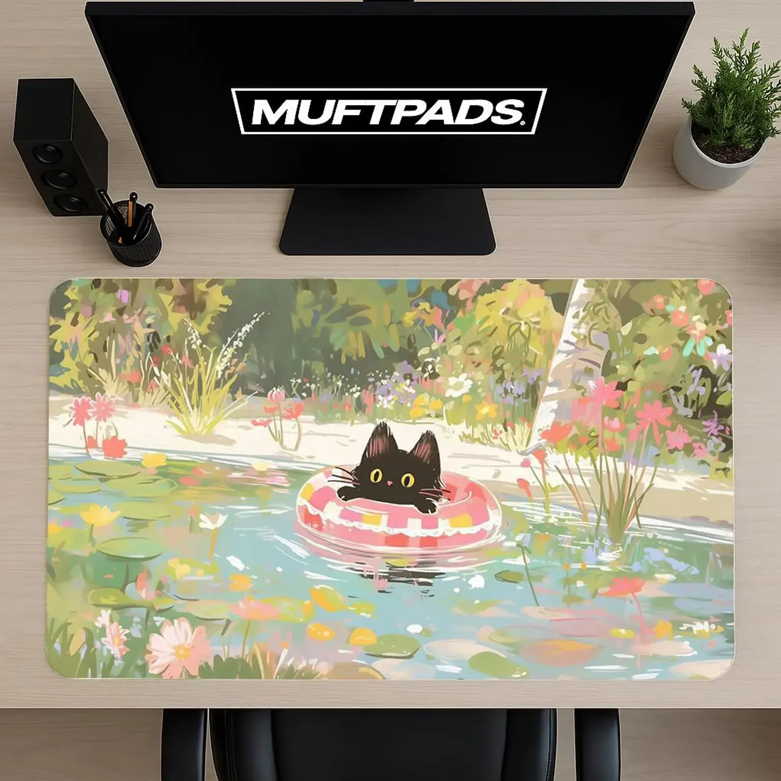 Black Cat Swimming Pool Desk Mat – Extended Mouse Pad for Workspace