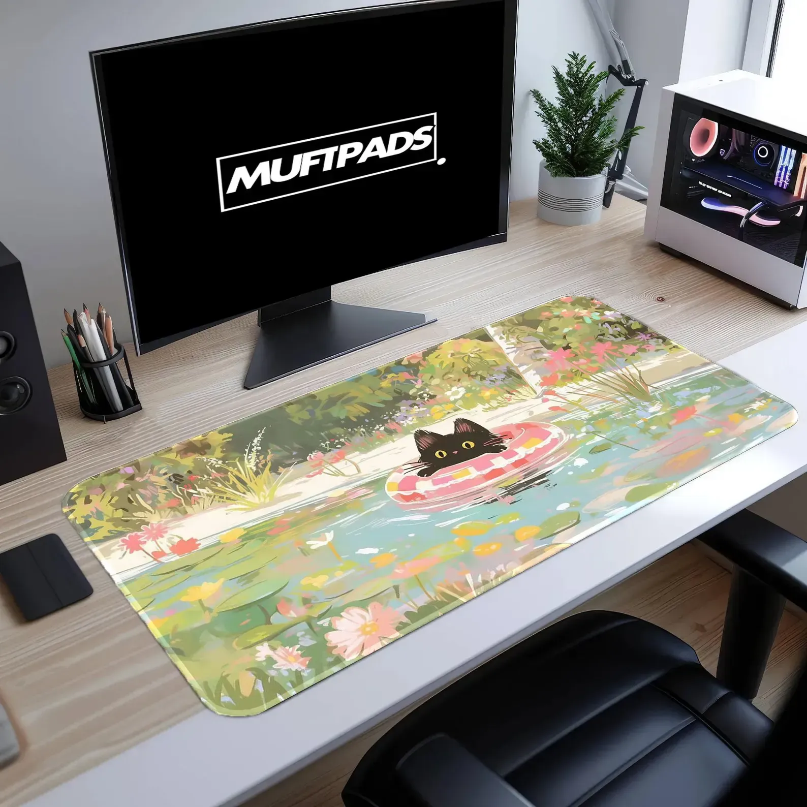 Black Cat Swimming Pool Desk Mat – Extended Mouse Pad for Workspace