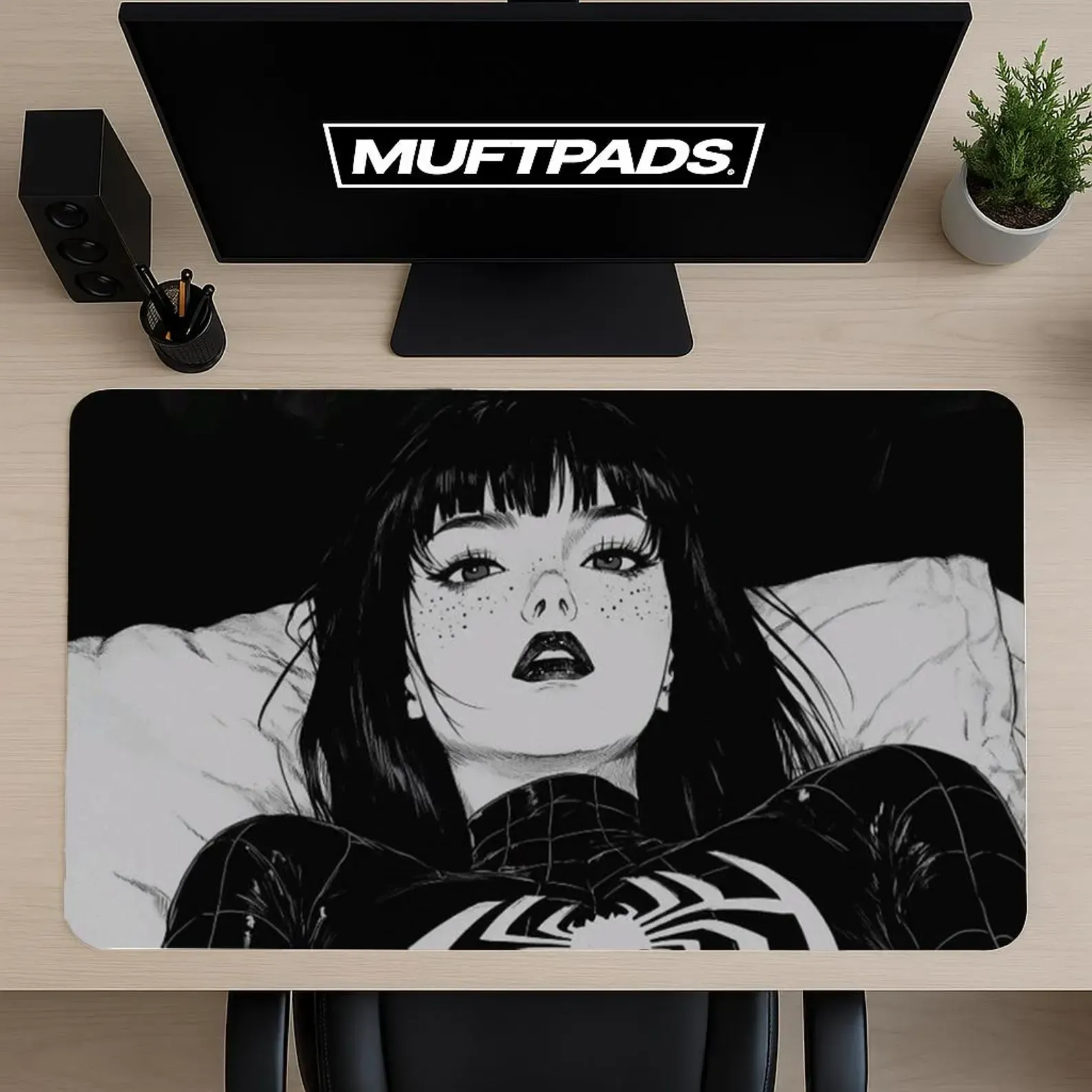 Anime Girl Desk Mat – Black White Spider Design, Extended Gaming Mouse Pad