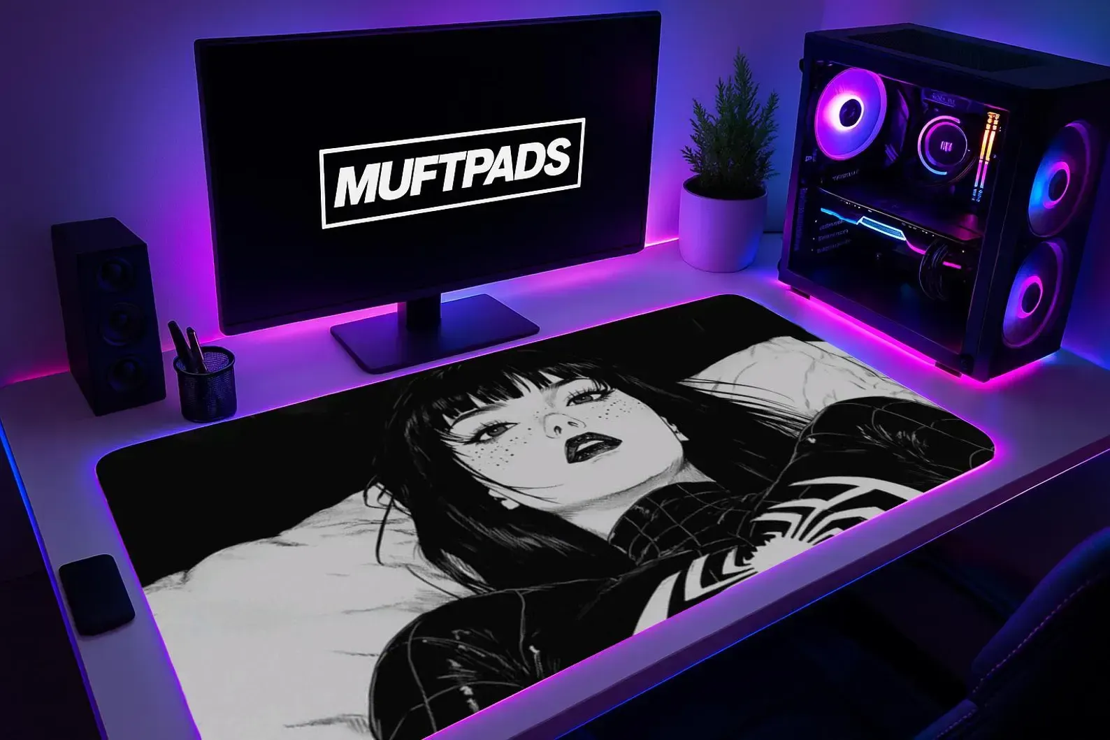 Anime Girl Desk Mat – Black White Spider Design, Extended Gaming Mouse Pad