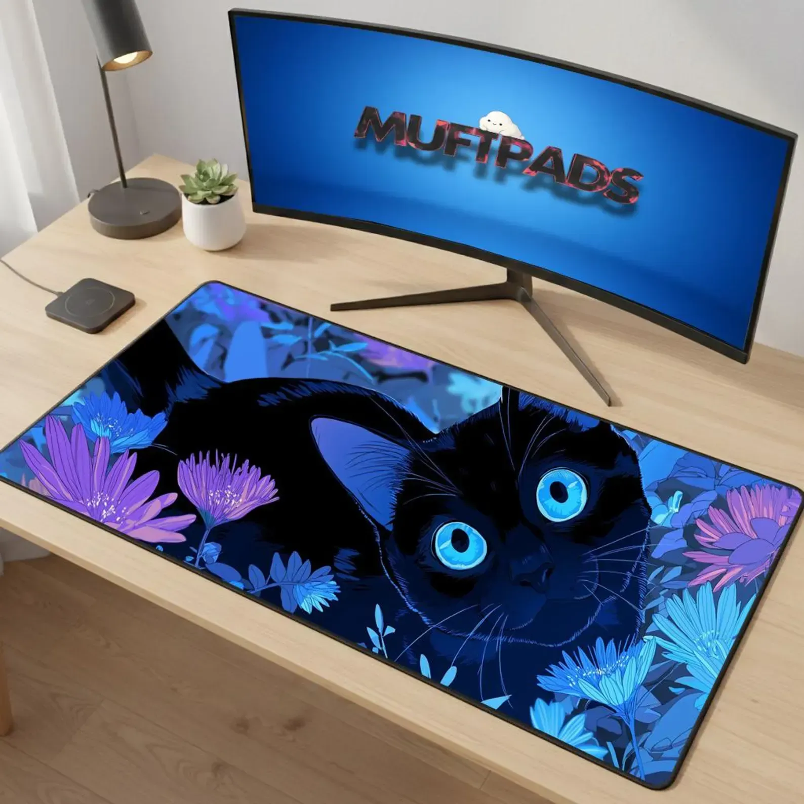 Black Cat Desk Mat | Fantasy Floral Kitten Mouse Pad, Blue Eyes Office Decor