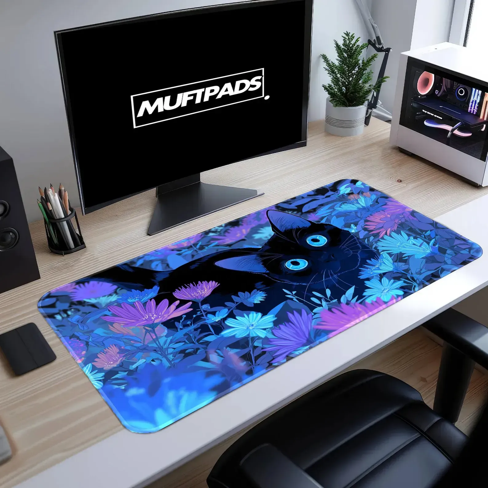 Black Cat Desk Mat | Fantasy Floral Kitten Mouse Pad, Blue Eyes Office Decor