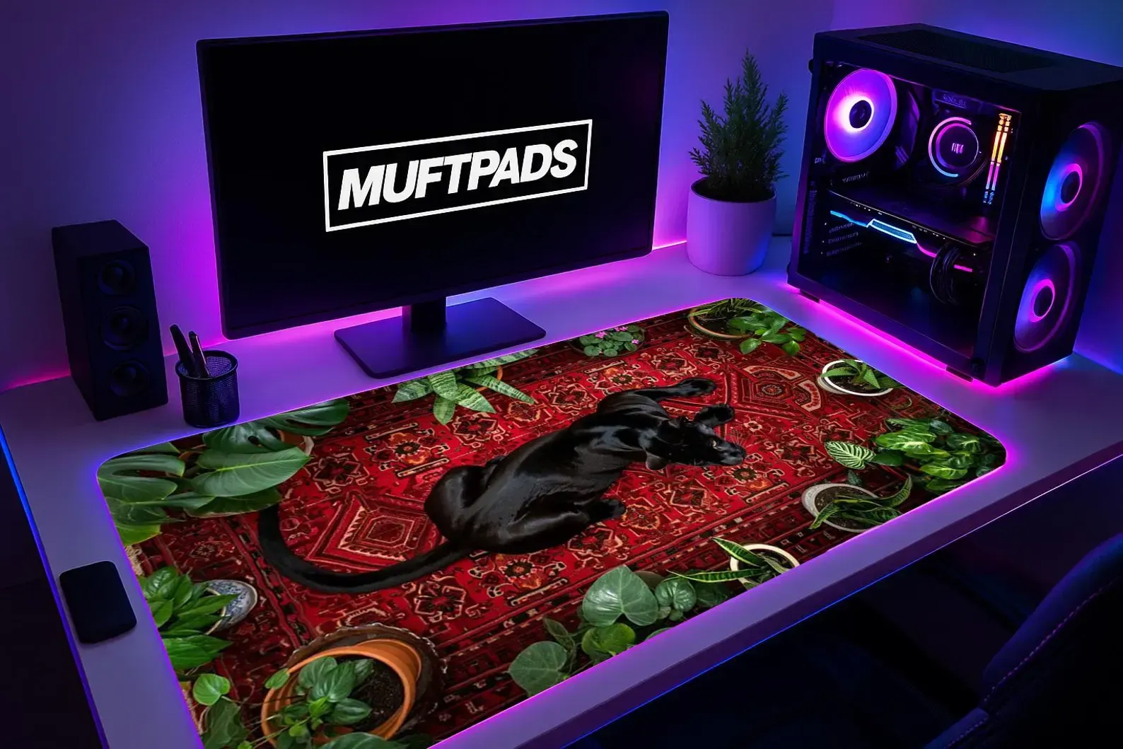 Bohemian Persian Rug Desk Mat with Black Cat Plants | Boho Office Decor Mouse Pad
