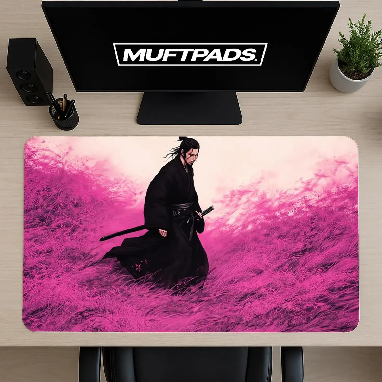Pink Sakura Samurai Desk Mat: Miyamoto Musashi Anime Gaming Mouse Pad