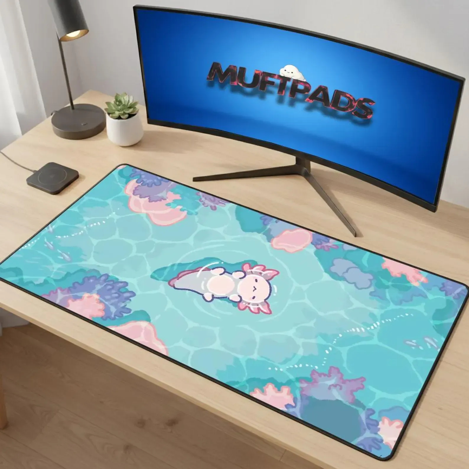 Axolotl Ocean Desk Mat | Kawaii Coral Reef Mouse Pad, Gaming Setup Accessory