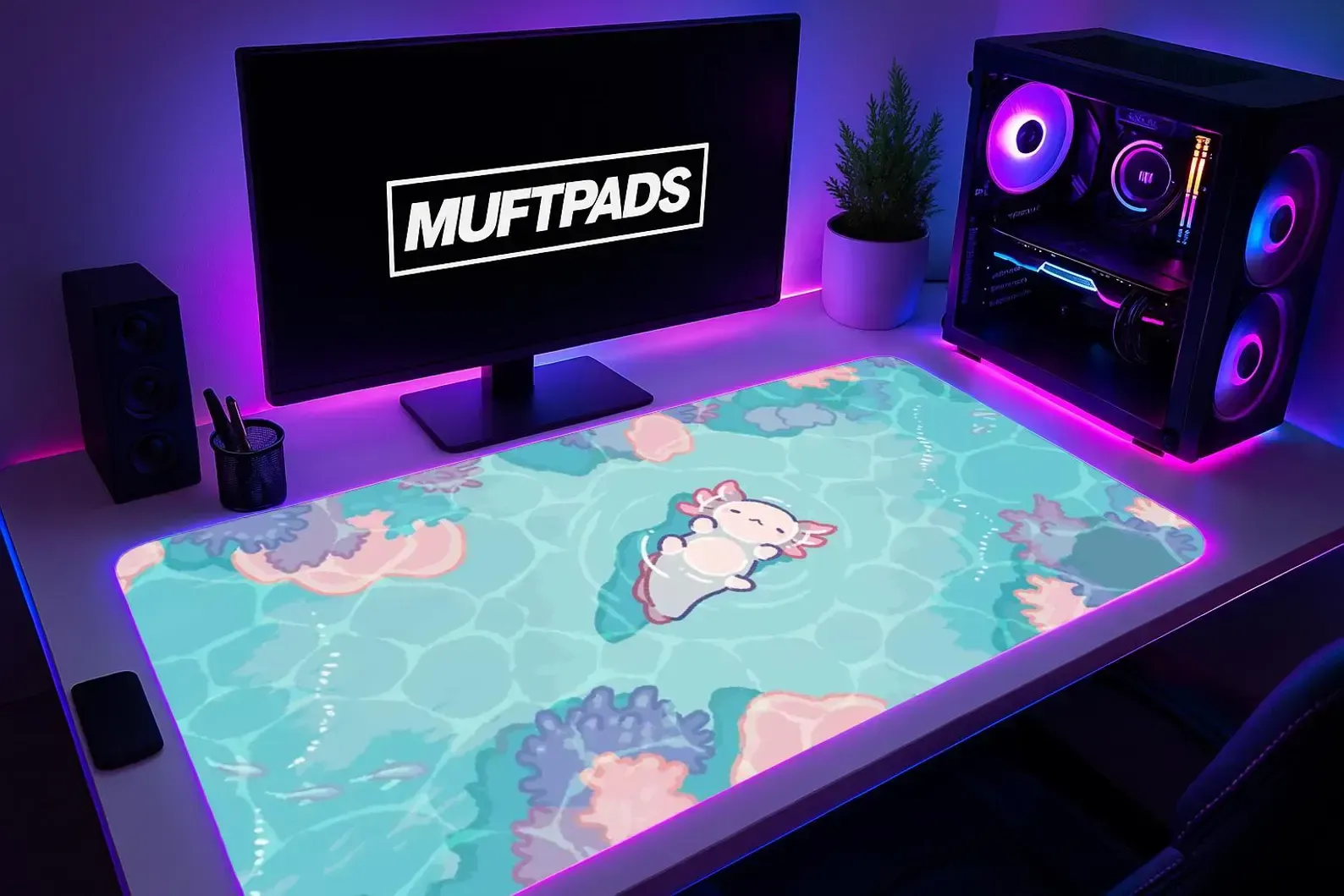 Axolotl Ocean Desk Mat | Kawaii Coral Reef Mouse Pad, Gaming Setup Accessory