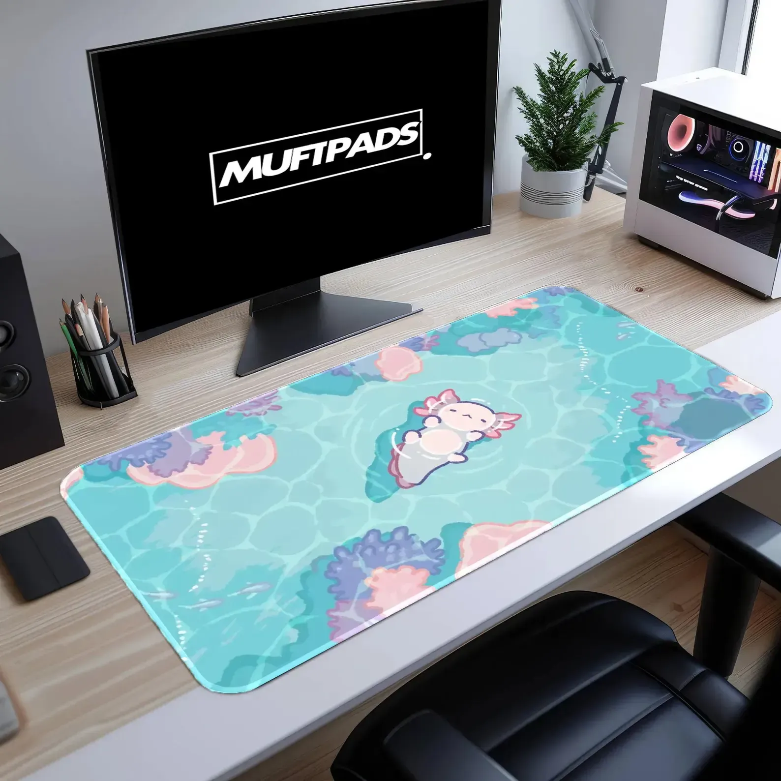 Axolotl Ocean Desk Mat | Kawaii Coral Reef Mouse Pad, Gaming Setup Accessory