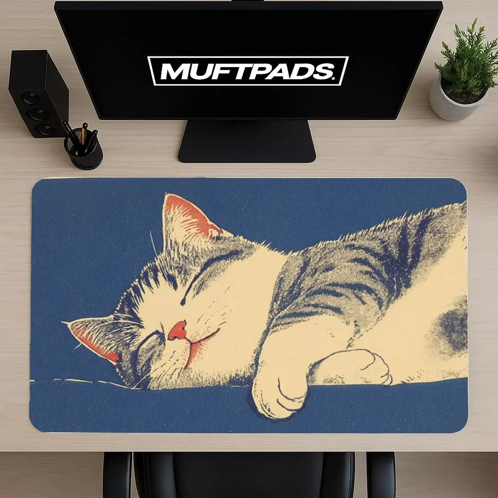Sleeping Cat Desk Mat | Serene Tabby Office Decor, Gaming Mouse Pad