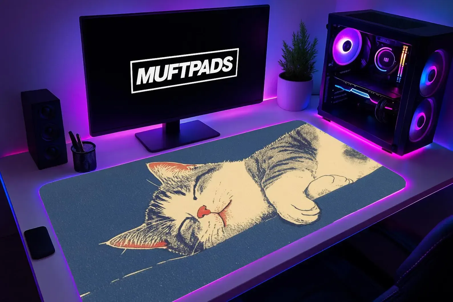 Sleeping Cat Desk Mat | Serene Tabby Office Decor, Gaming Mouse Pad