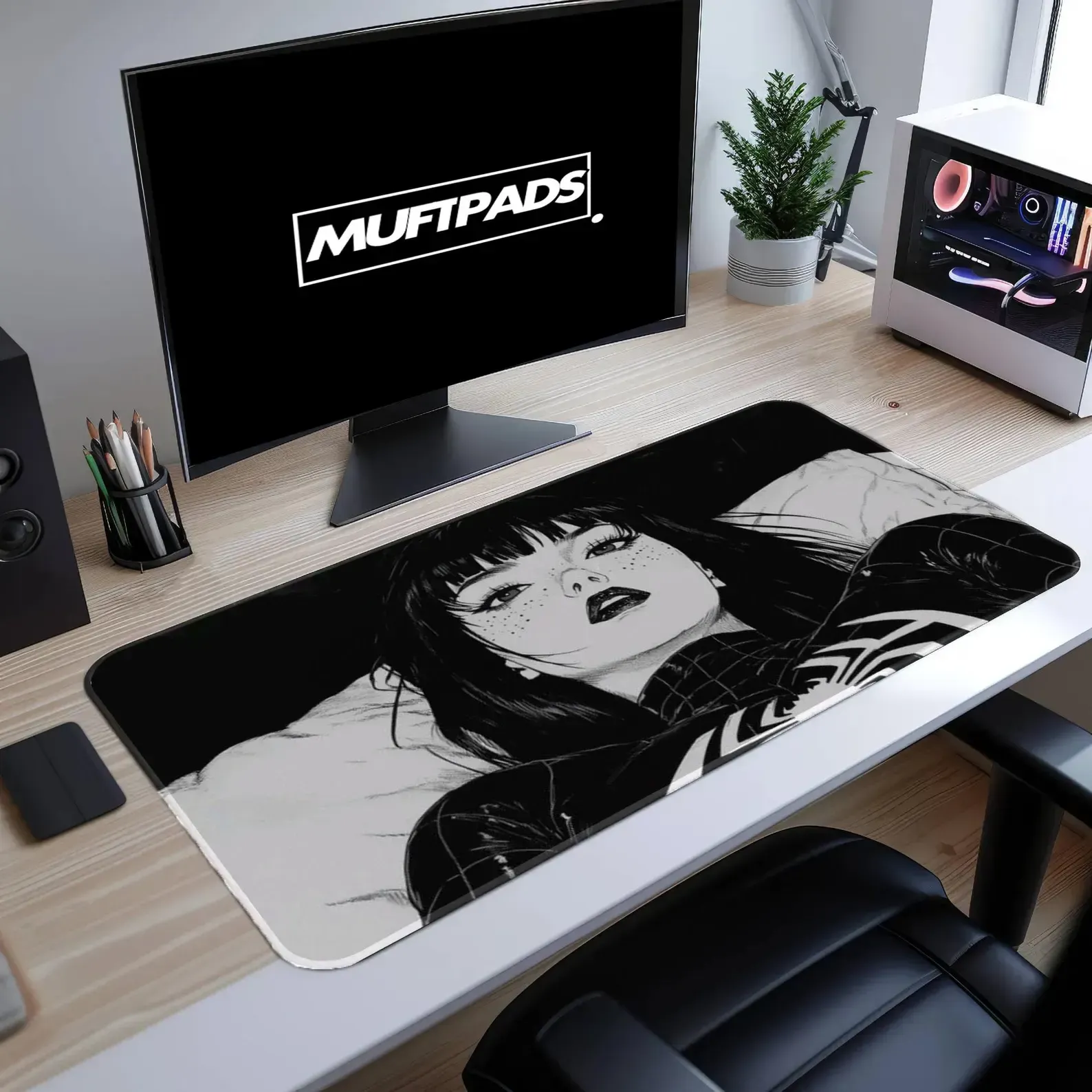 Anime Girl Desk Mat – Black White Spider Design, Extended Gaming Mouse Pad