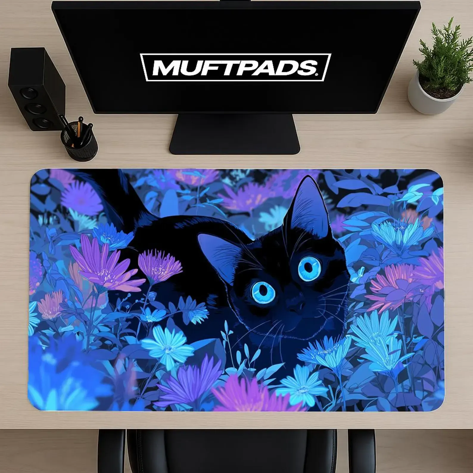Black Cat Desk Mat | Fantasy Floral Kitten Mouse Pad, Blue Eyes Office Decor