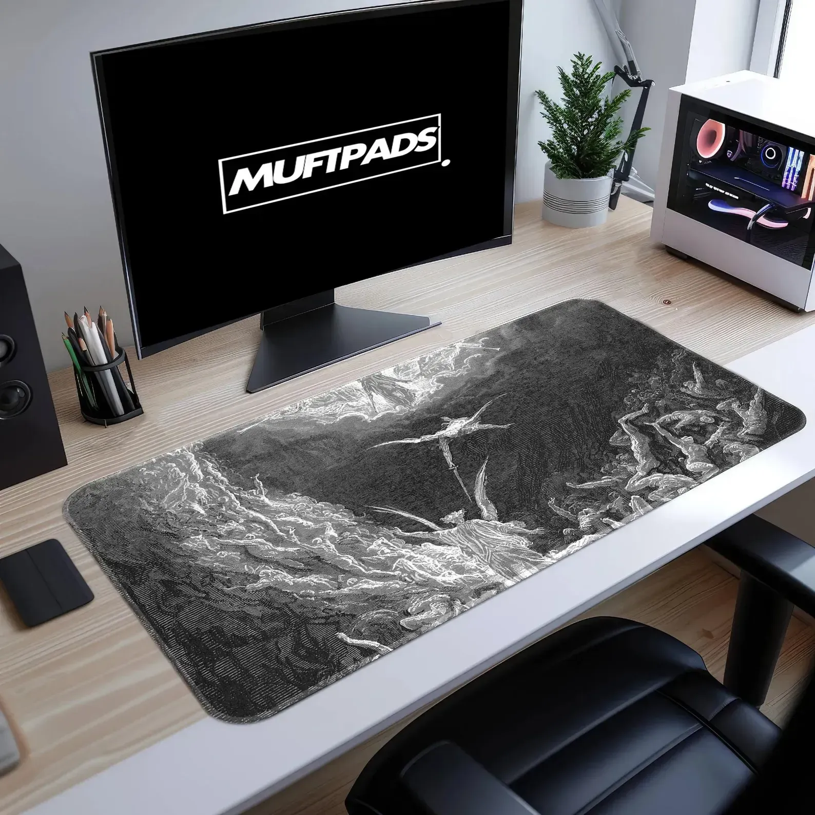 Gothic Dark Angel Desk Mat | Gustave Doré Style Mouse Pad, Dark Academia Workspace