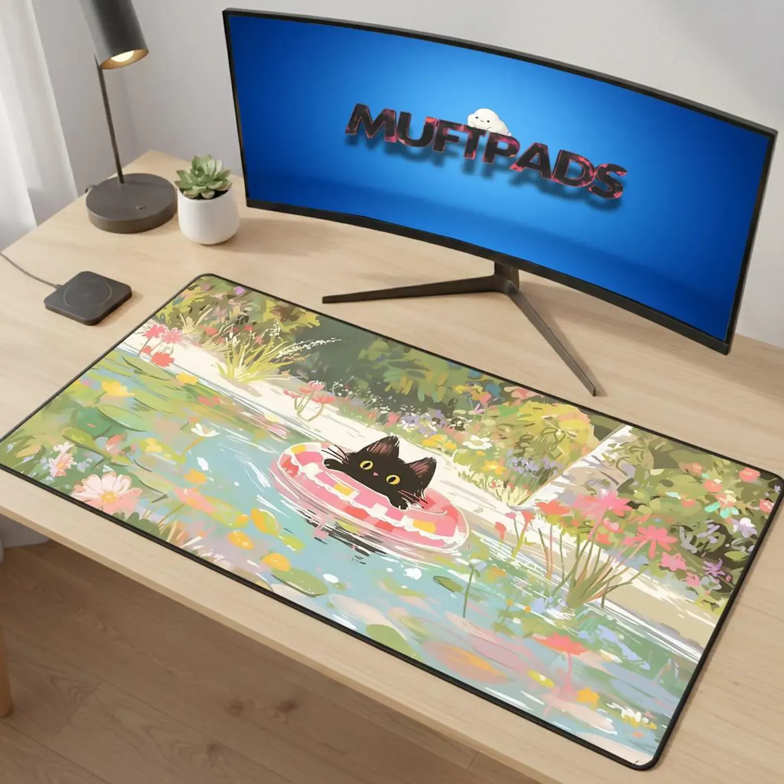 Black Cat Swimming Pool Desk Mat – Extended Mouse Pad for Workspace