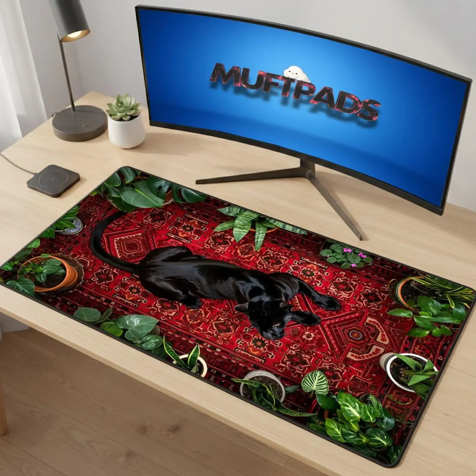 Bohemian Persian Rug Desk Mat with Black Cat Plants | Boho Office Decor Mouse Pad