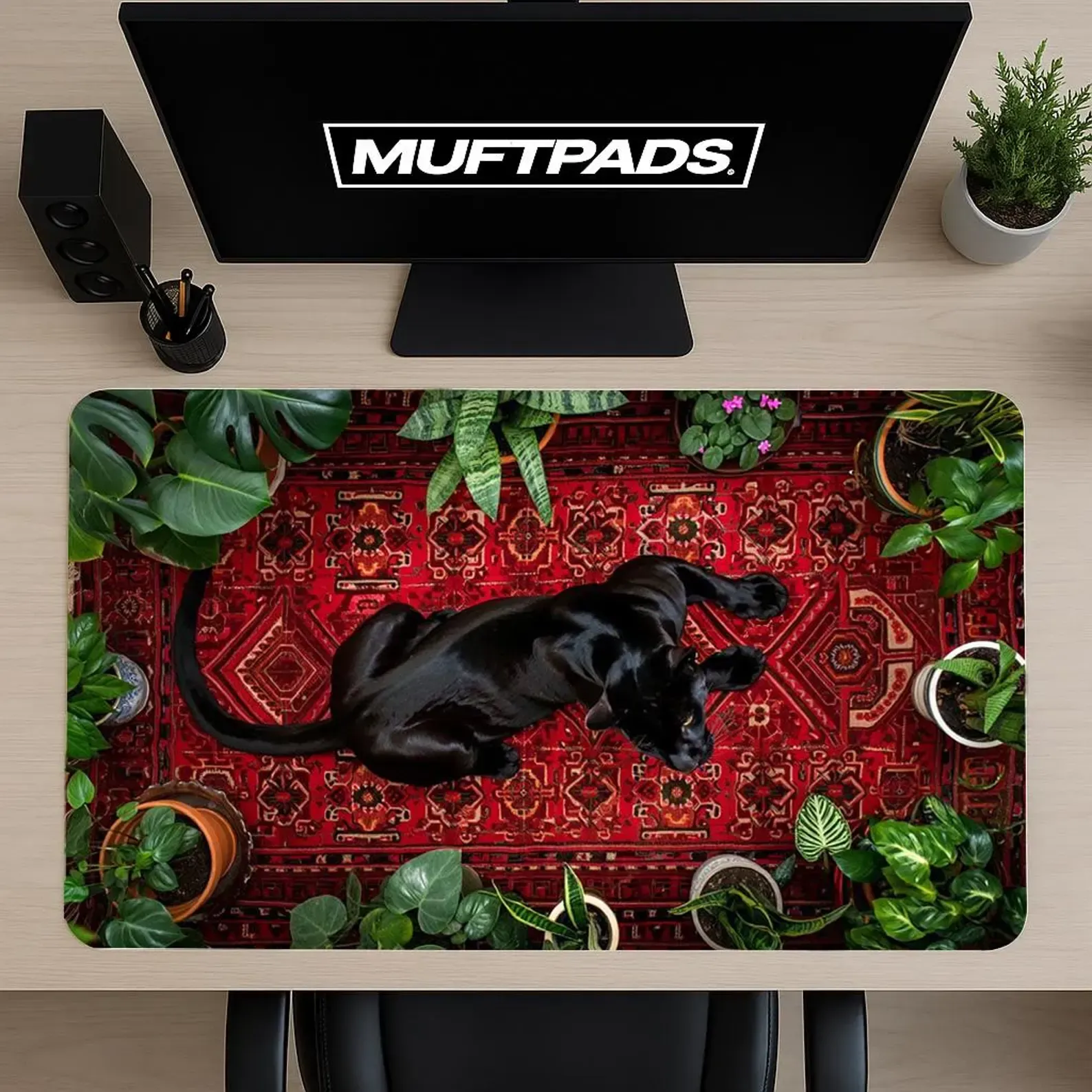 Bohemian Persian Rug Desk Mat with Black Cat Plants | Boho Office Decor Mouse Pad