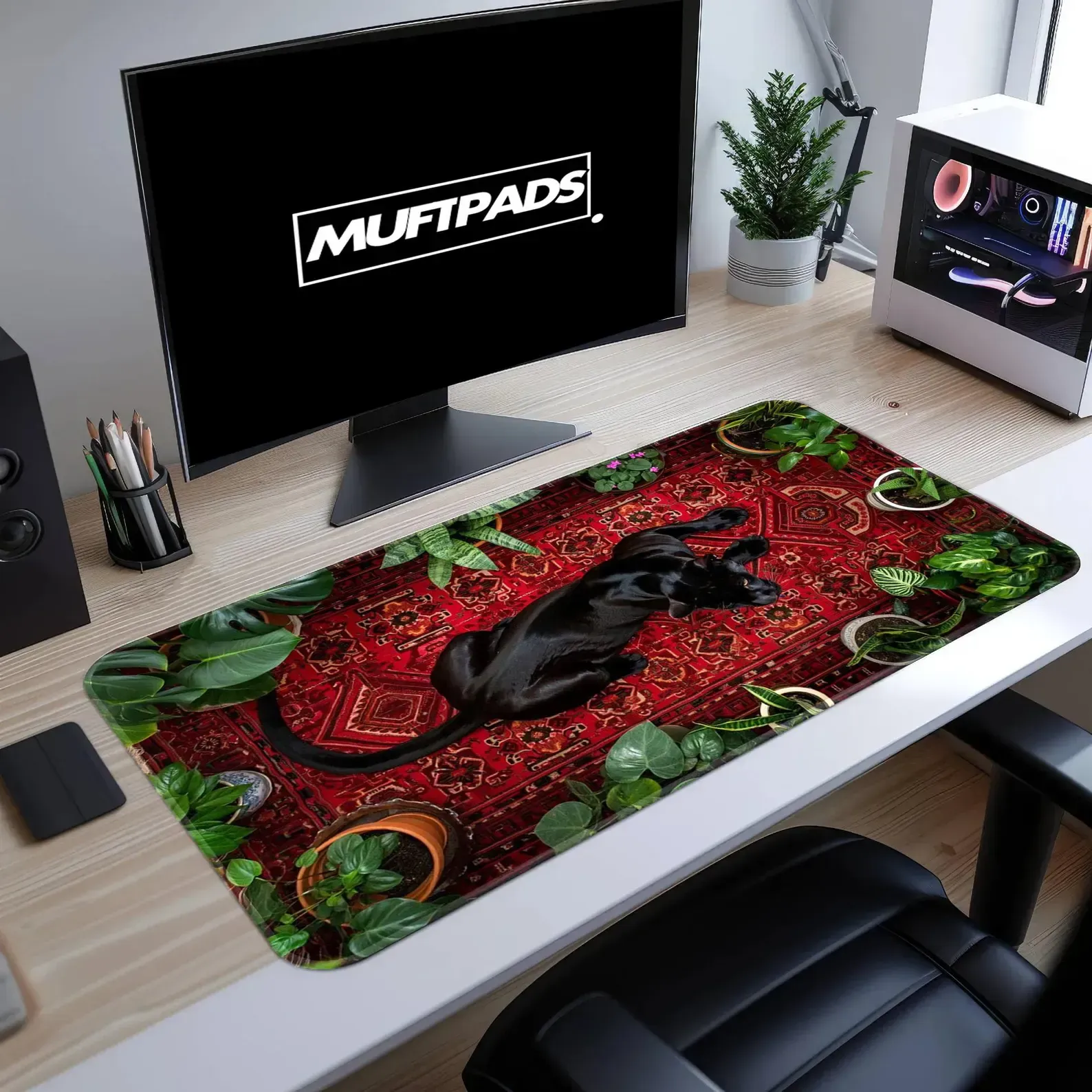Bohemian Persian Rug Desk Mat with Black Cat Plants | Boho Office Decor Mouse Pad