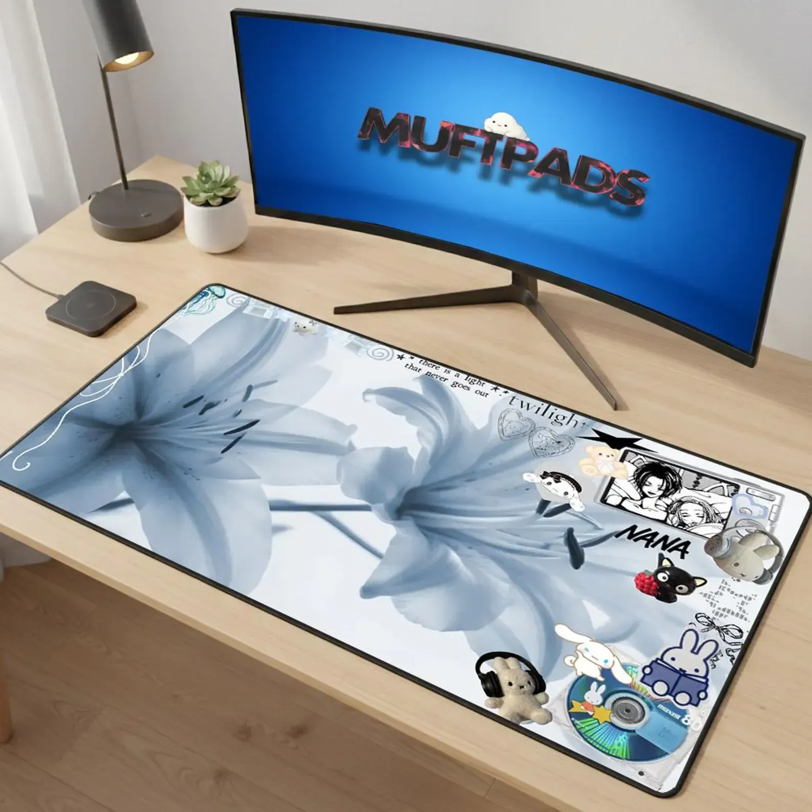 Blue Lily Floral Desk Mat | Soft Mouse Pad, Anime Stickers