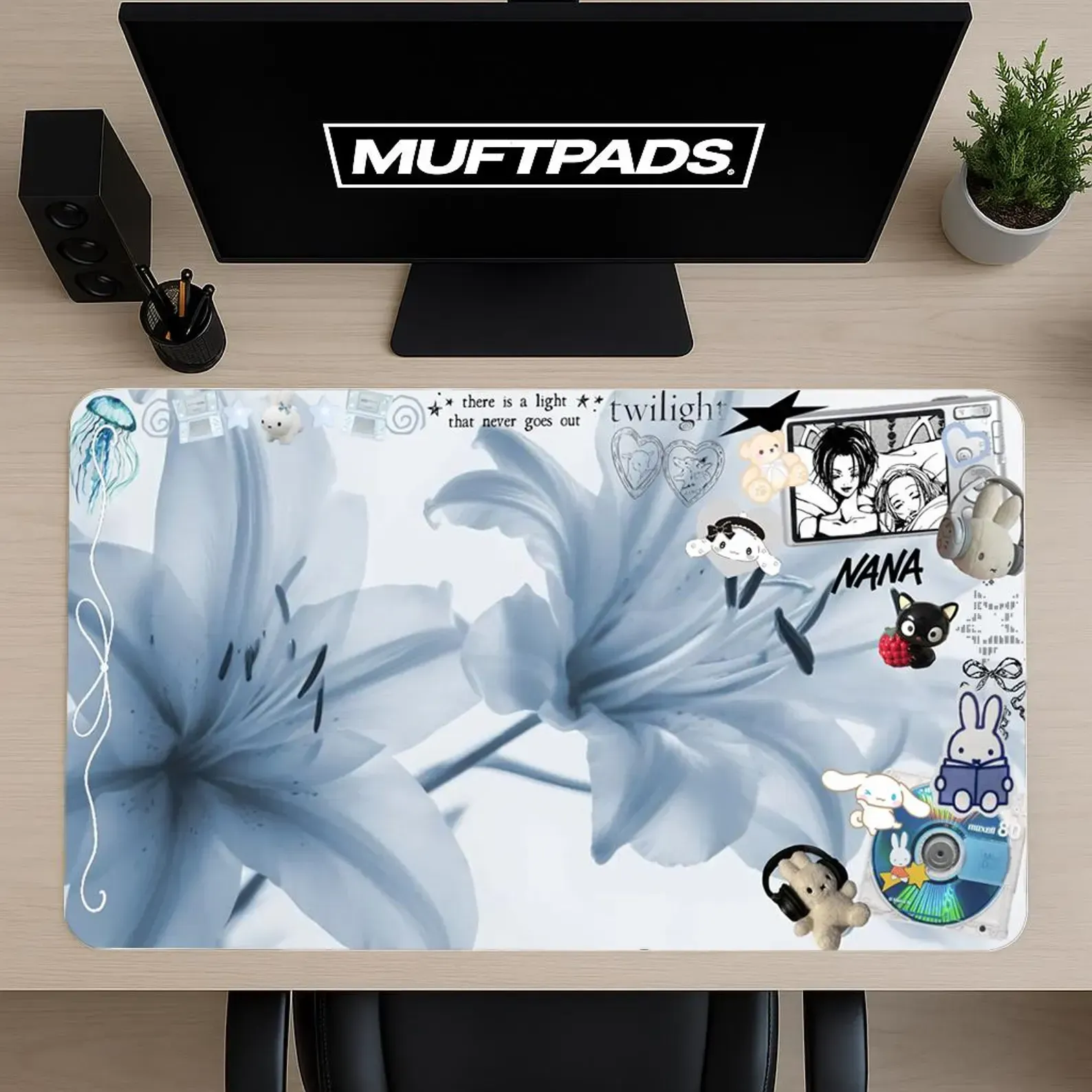 Blue Lily Floral Desk Mat | Soft Mouse Pad, Anime Stickers