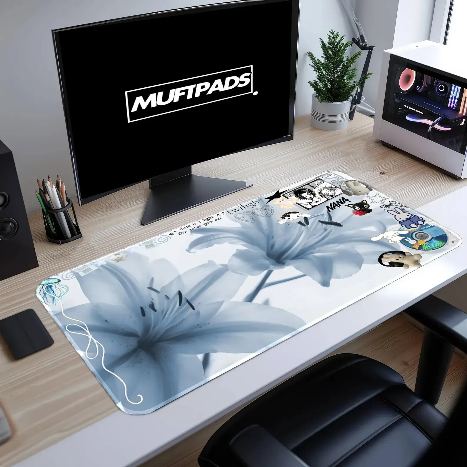 Blue Lily Floral Desk Mat | Soft Mouse Pad, Anime Stickers