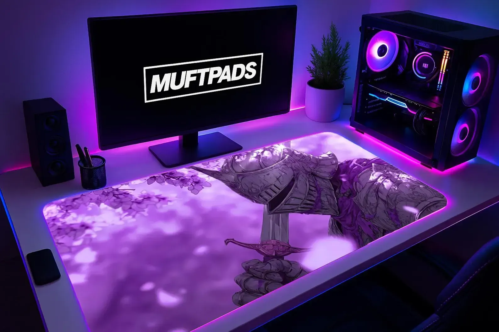 Purple Knight Desk Mat, Fantasy Gaming Mouse Pad, Cherry Blossom Sakura Realm