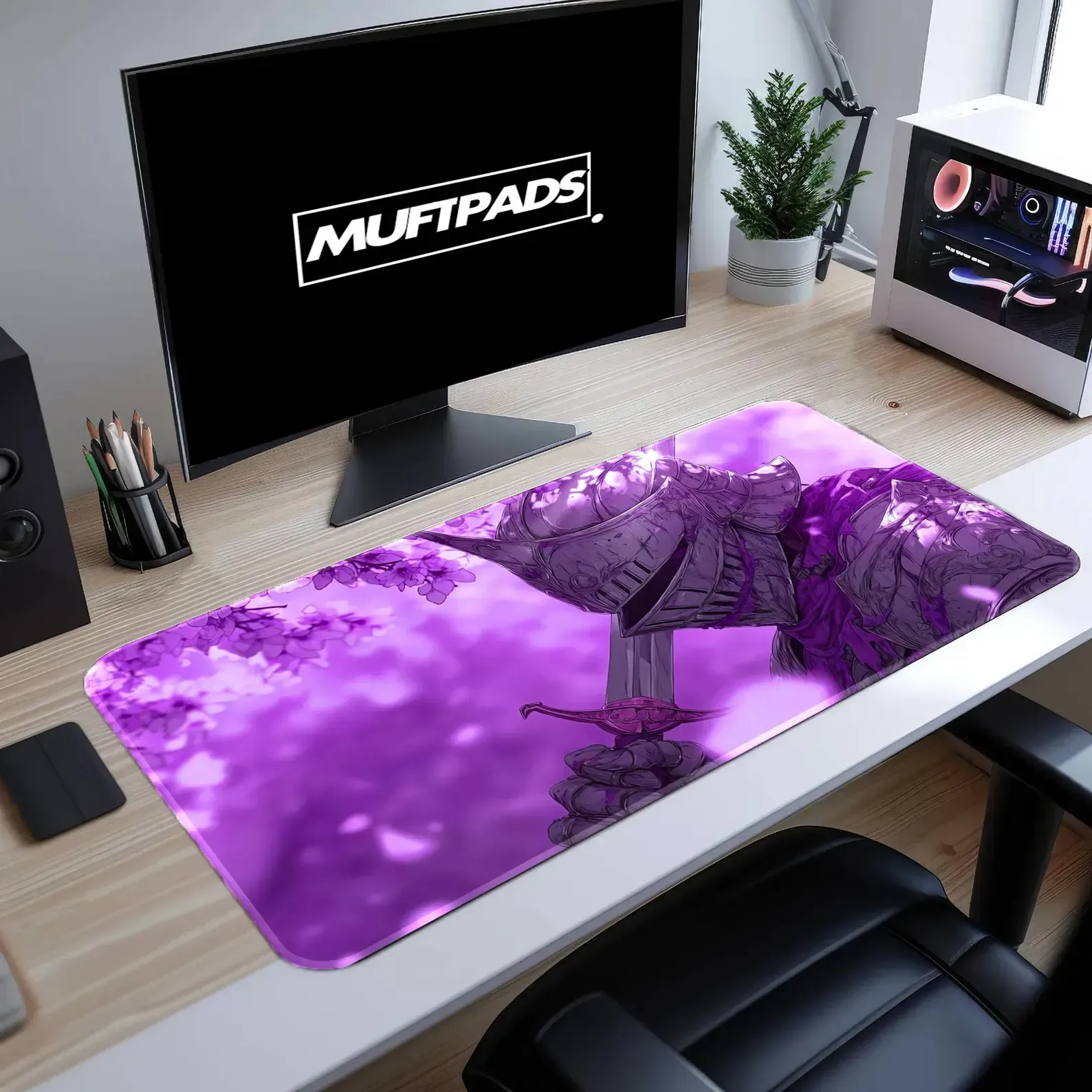 Purple Knight Desk Mat, Fantasy Gaming Mouse Pad, Cherry Blossom Sakura Realm