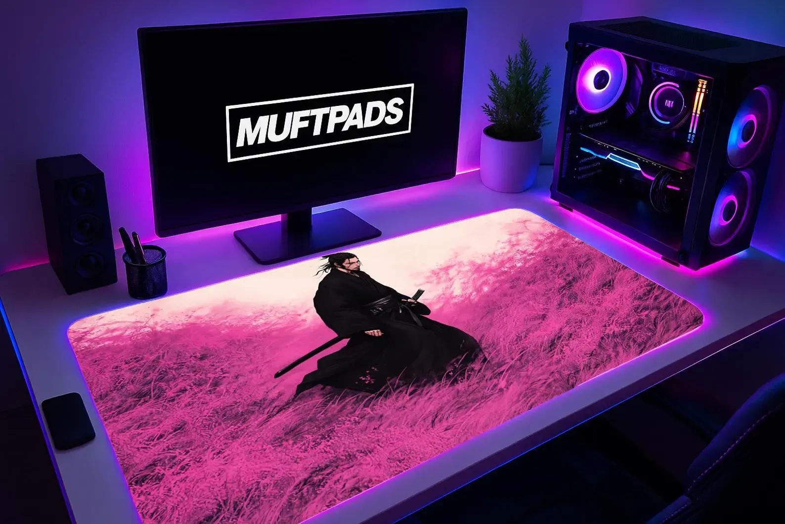 Pink Sakura Samurai Desk Mat: Miyamoto Musashi Anime Gaming Mouse Pad