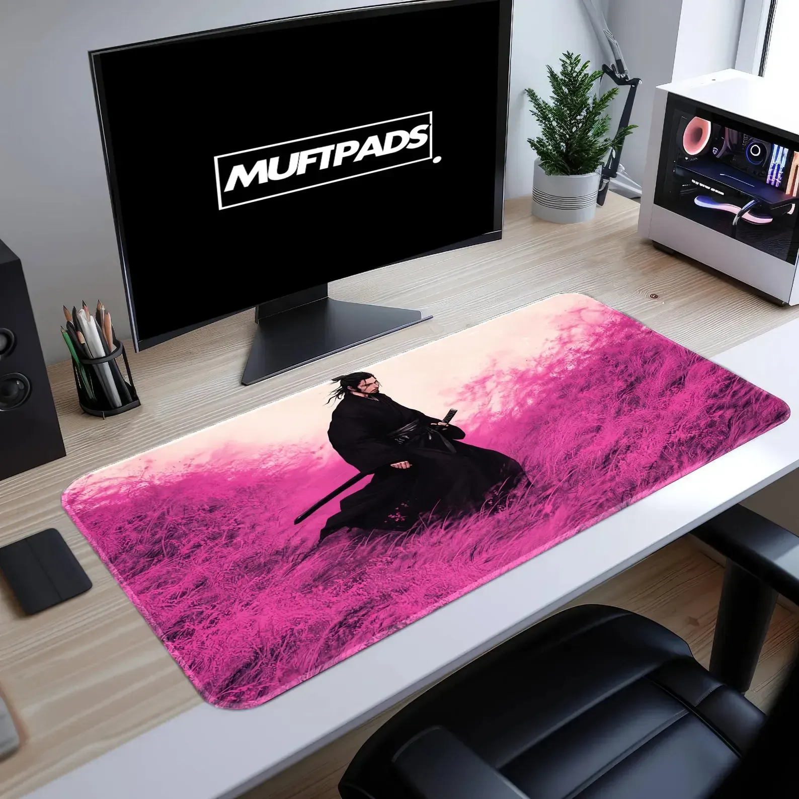 Pink Sakura Samurai Desk Mat: Miyamoto Musashi Anime Gaming Mouse Pad