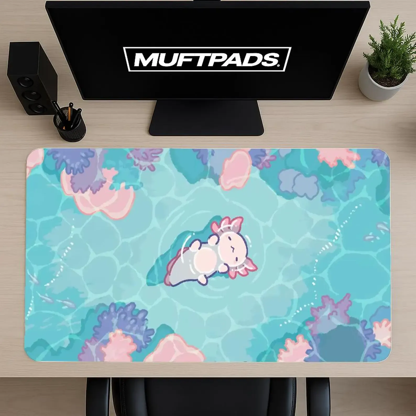 Axolotl Ocean Desk Mat | Kawaii Coral Reef Mouse Pad, Gaming Setup Accessory