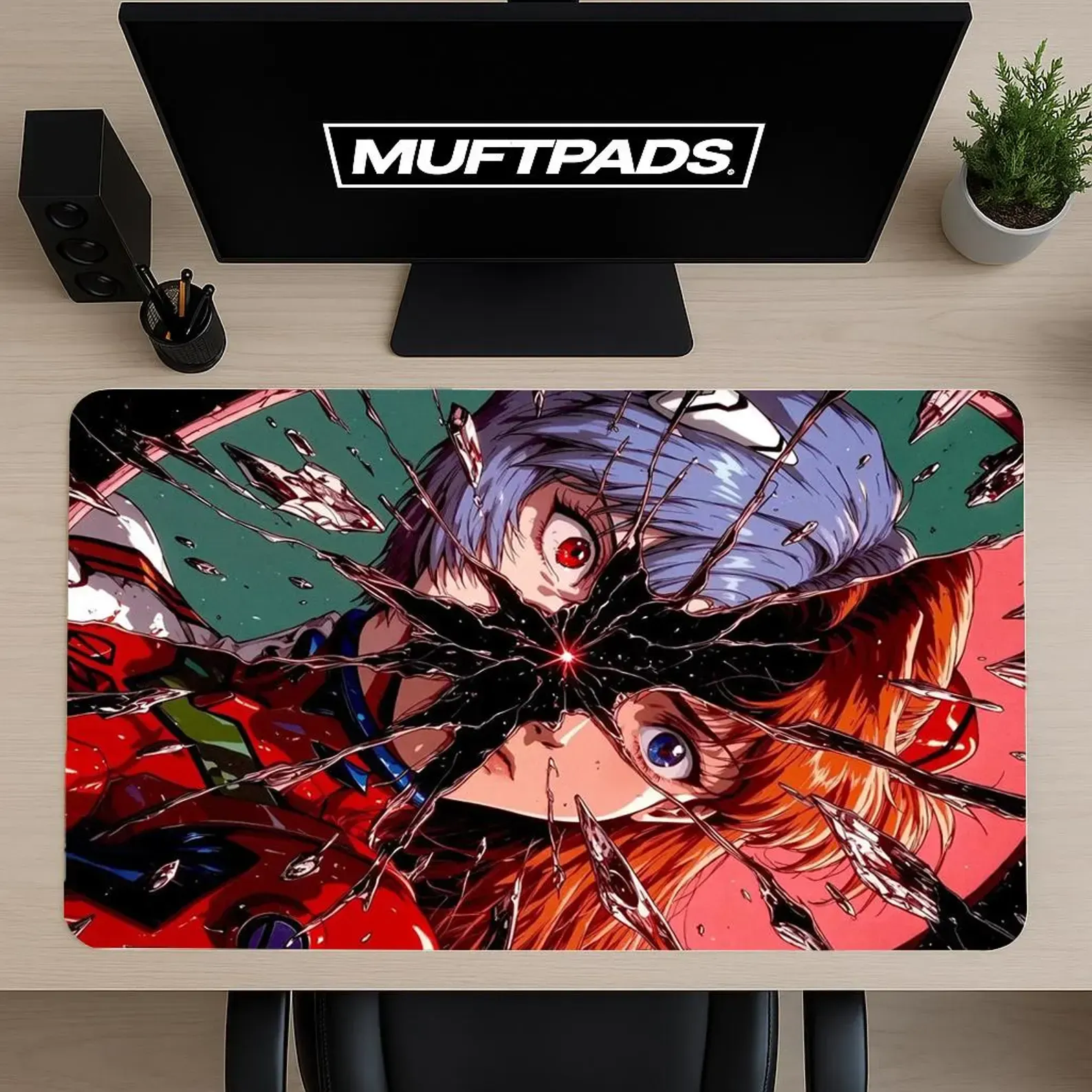 Mecha Anime Cracked Glass Desk Mat, Large Gaming Mouse Pad, Neon Robot Battle Desk Pad