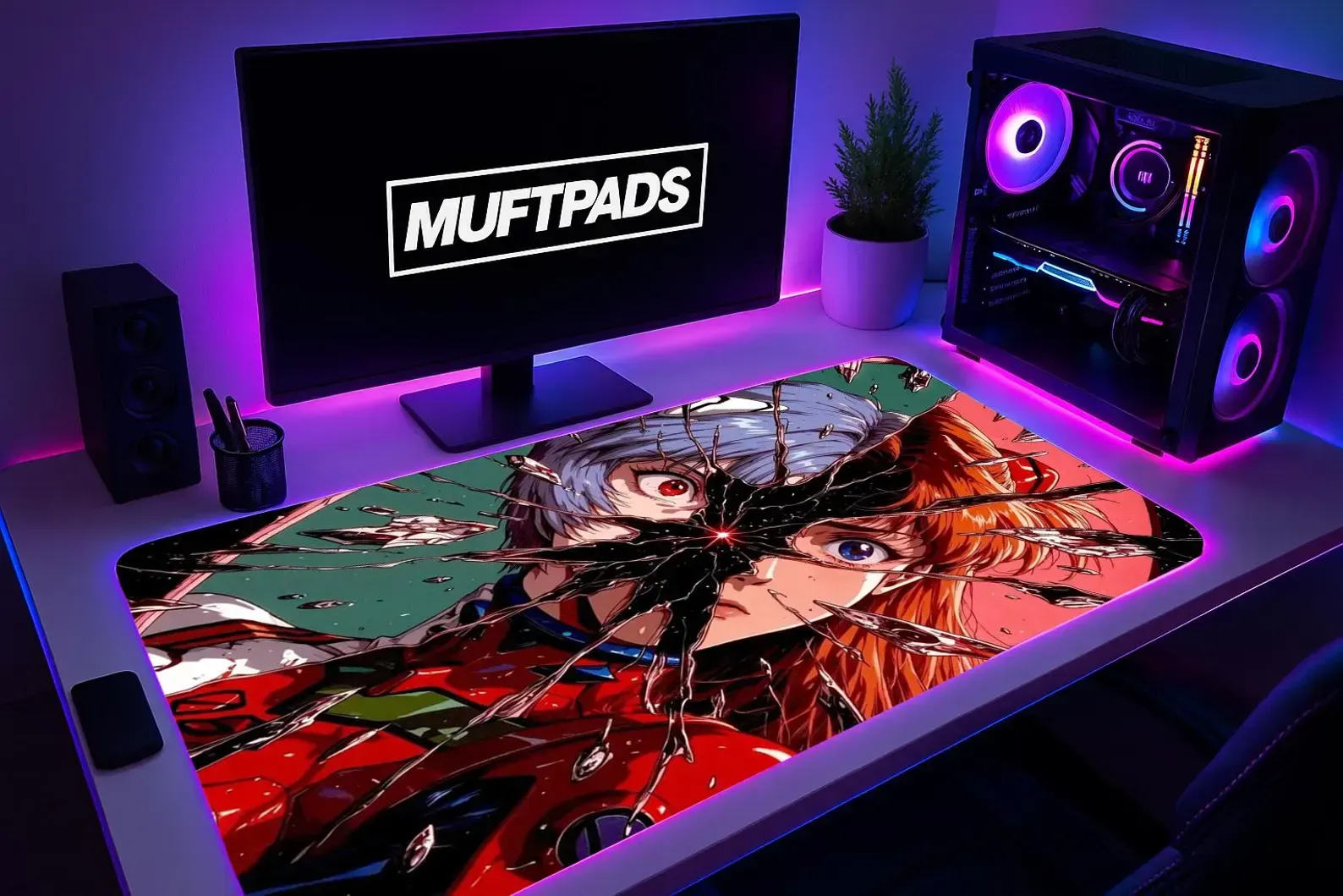 Mecha Anime Cracked Glass Desk Mat, Large Gaming Mouse Pad, Neon Robot Battle Desk Pad