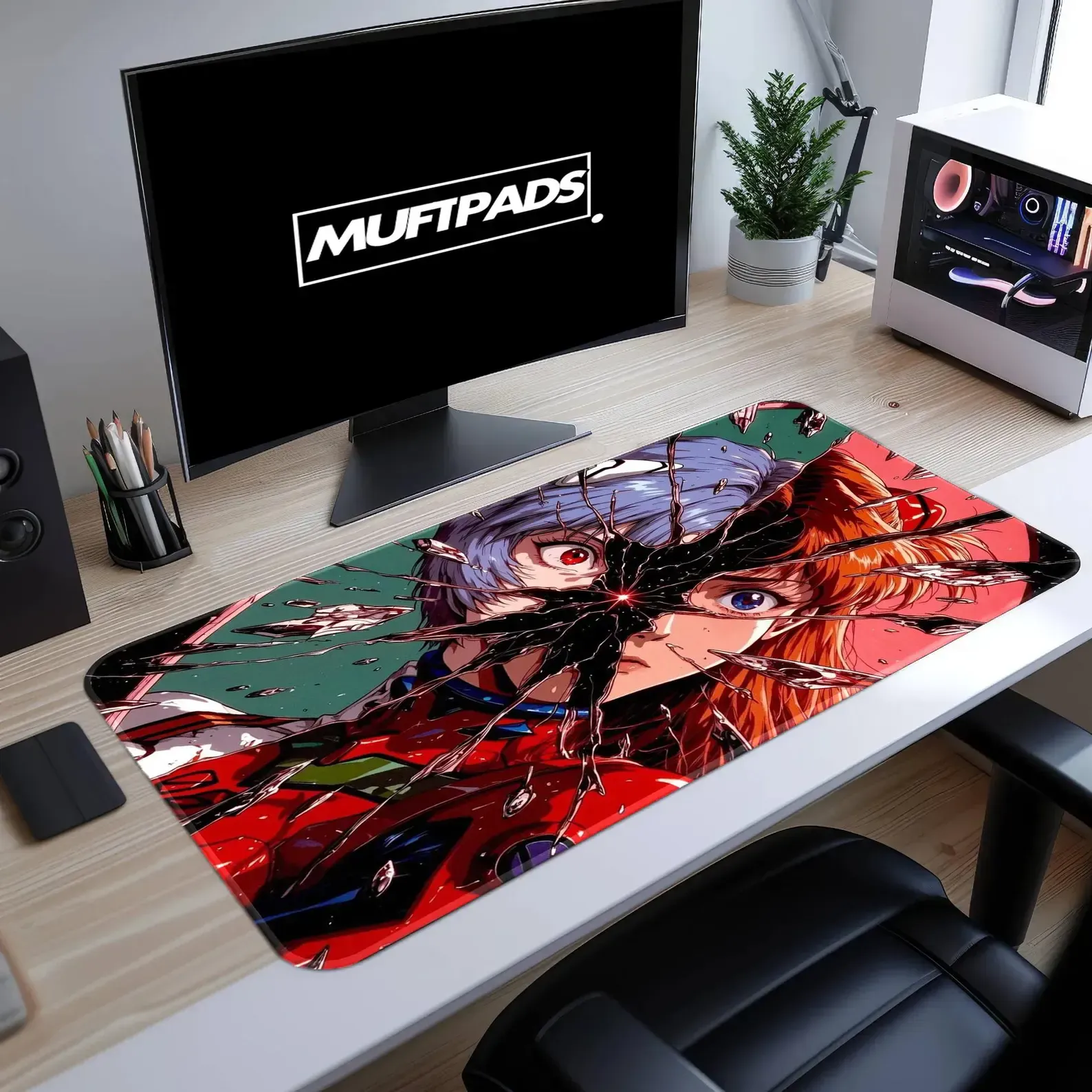 Mecha Anime Cracked Glass Desk Mat, Large Gaming Mouse Pad, Neon Robot Battle Desk Pad