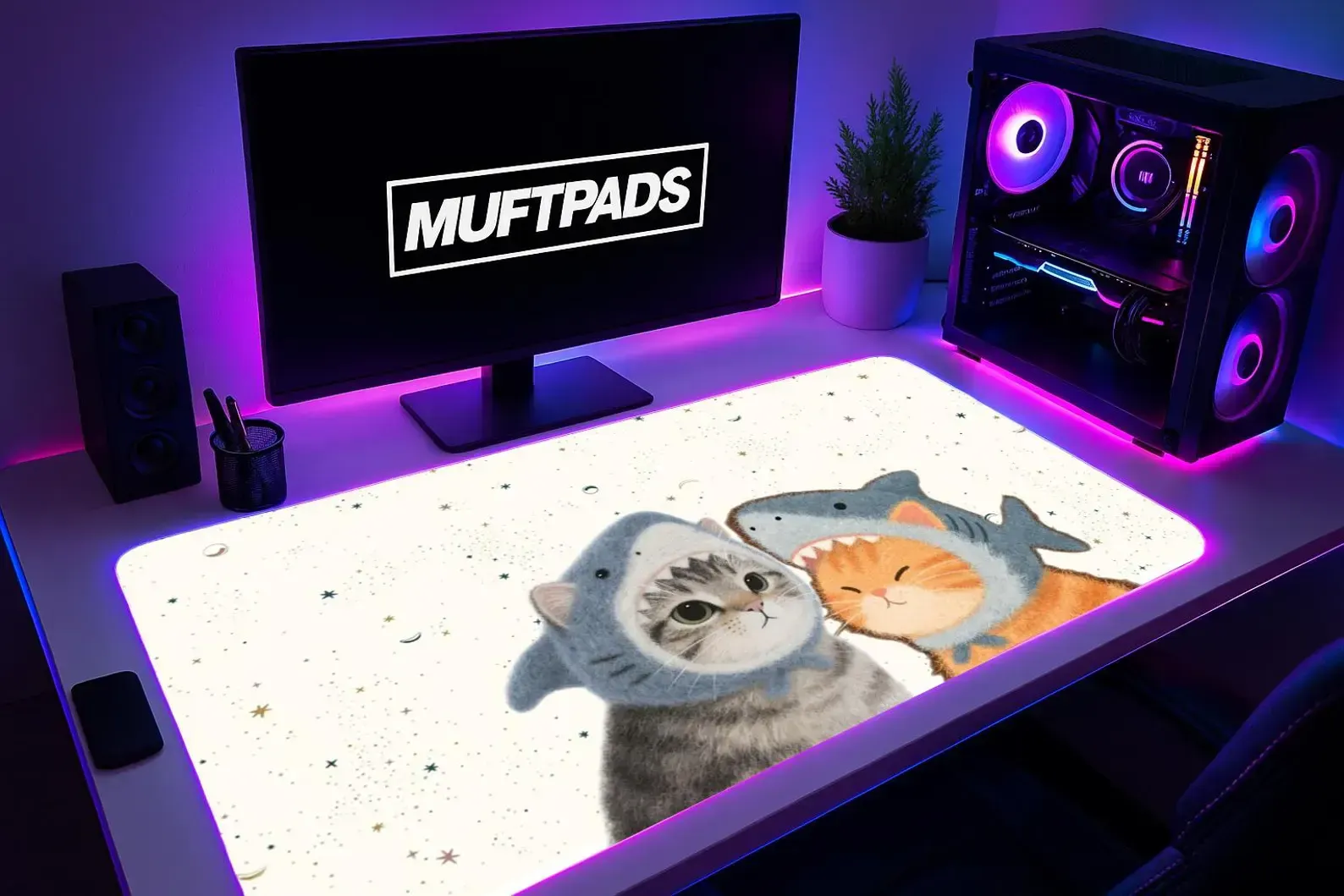 Shark Cats Desk Mat, Kawaii Ocean Adventure Mouse Pad, Whimsical Feline Decor