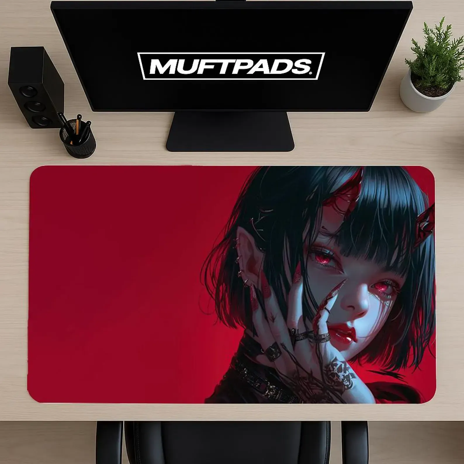 Gothic Vampire Girl Desk Mat, Red Black Mouse Pad, Large Gaming Pad