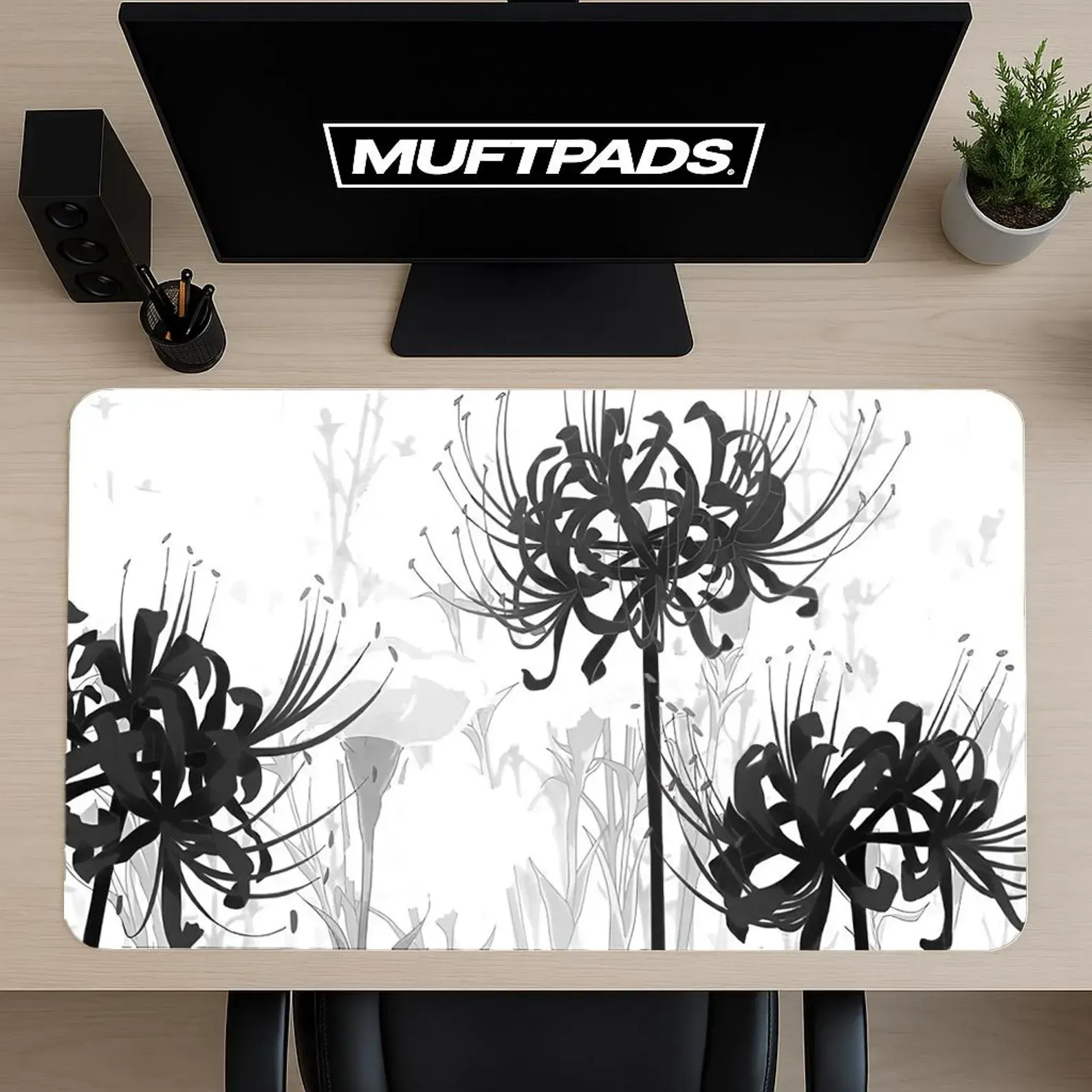 Spider Lily Desk Mat, Botanical Gaming Mouse Pad, Black White Silhouette Art