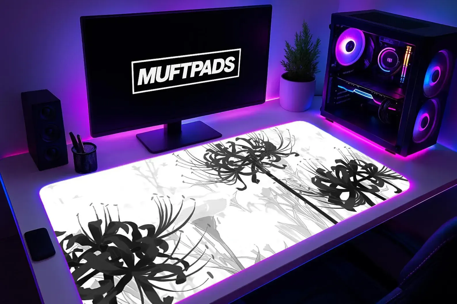 Spider Lily Desk Mat, Botanical Gaming Mouse Pad, Black White Silhouette Art