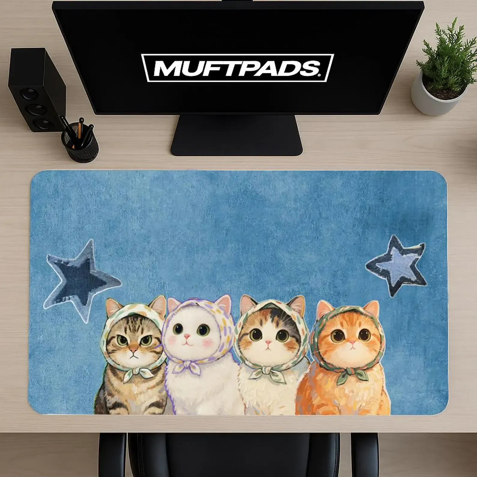 Kawaii Cats Hoodie Desk Mat, Blue Gaming Mouse Pad, Star Art