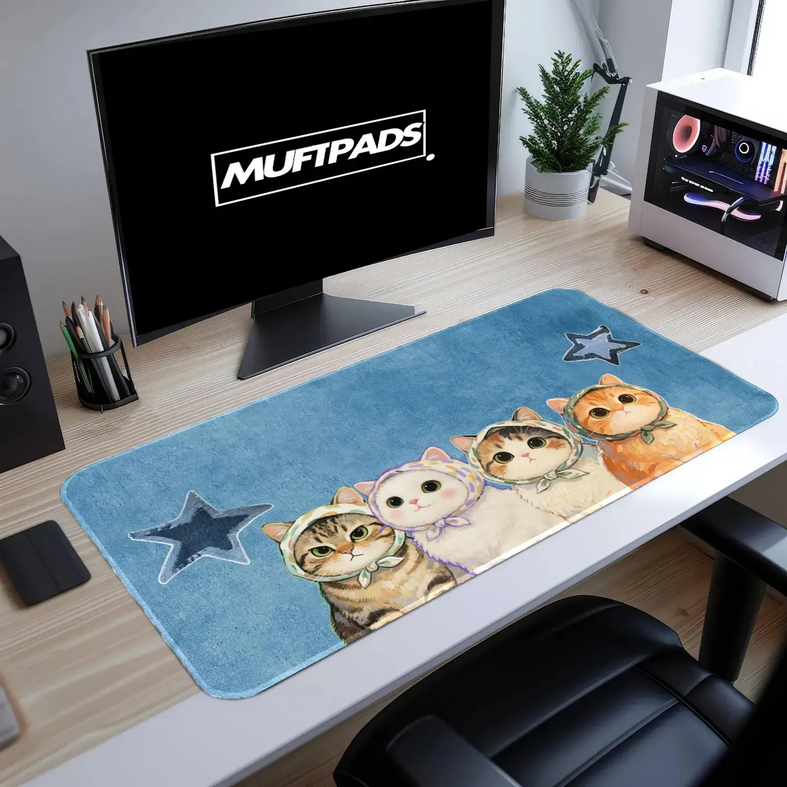 Kawaii Cats Hoodie Desk Mat, Blue Gaming Mouse Pad, Star Art