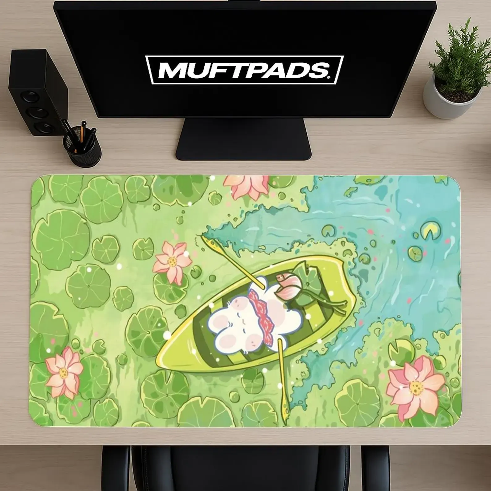 Kayaking Bunny Pond Desk Mat, Green Nature Mouse Pad, Lily Pad Art