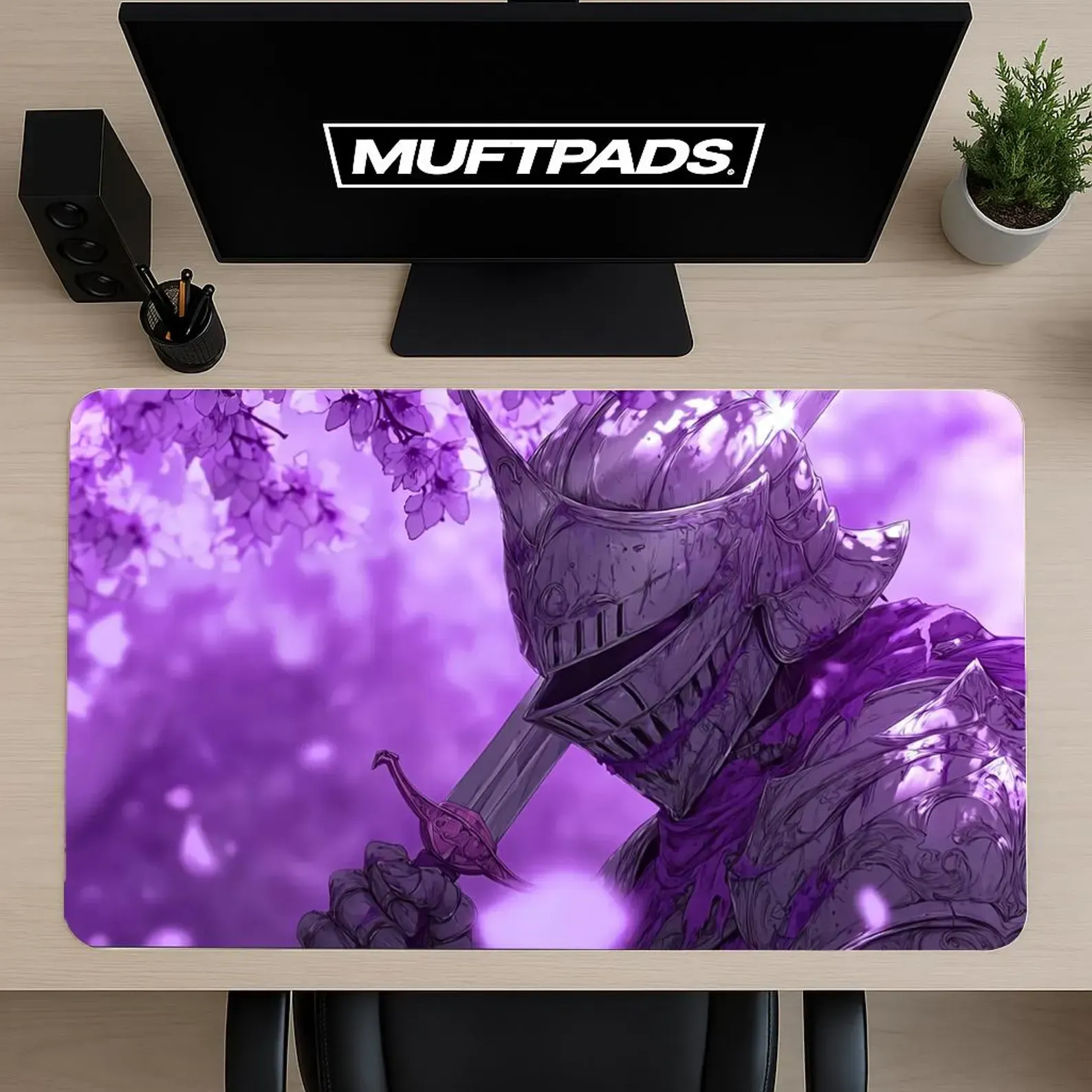 Purple Knight Desk Mat, Fantasy Gaming Mouse Pad, Cherry Blossom Sakura Realm