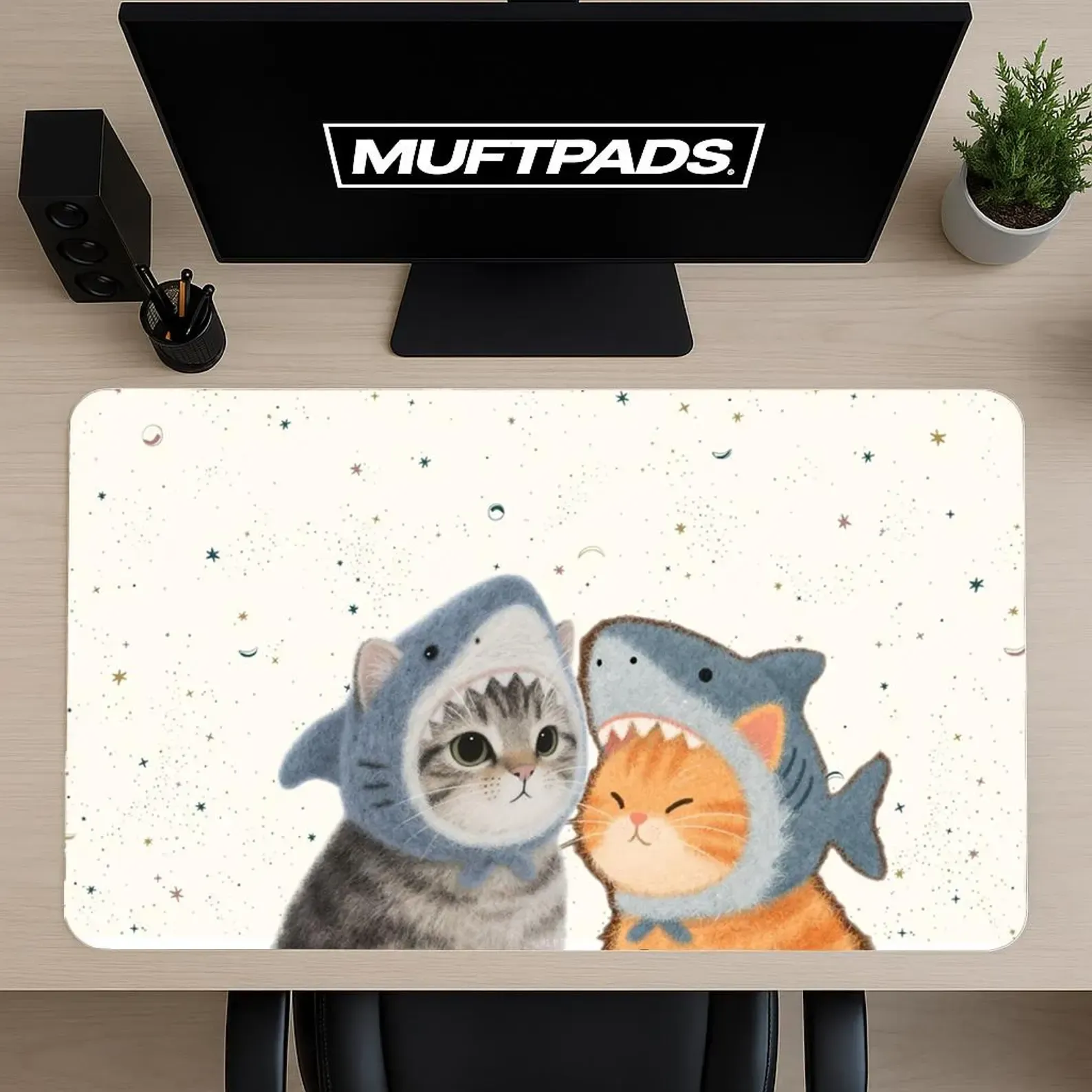 Shark Cats Desk Mat, Kawaii Ocean Adventure Mouse Pad, Whimsical Feline Decor