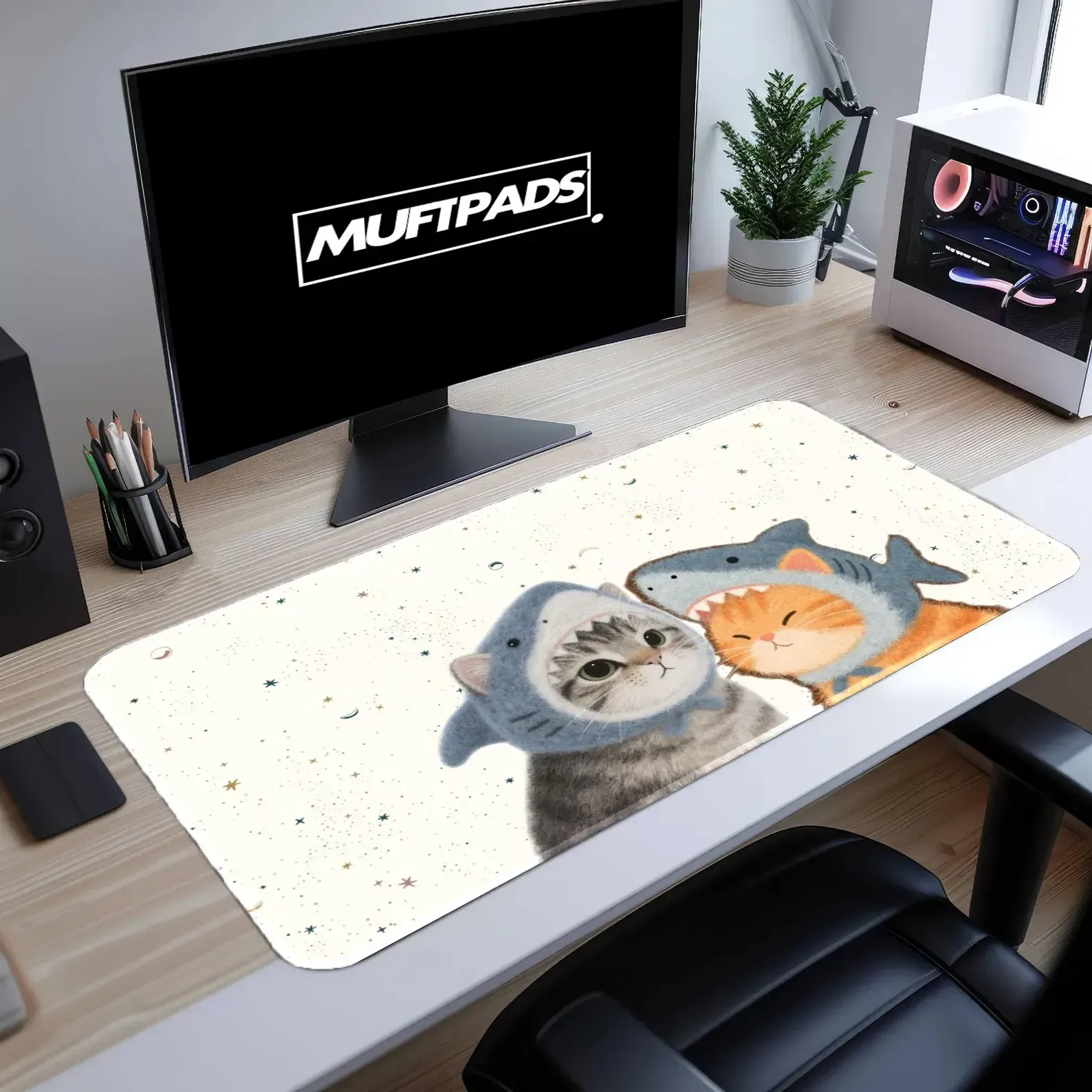 Shark Cats Desk Mat, Kawaii Ocean Adventure Mouse Pad, Whimsical Feline Decor
