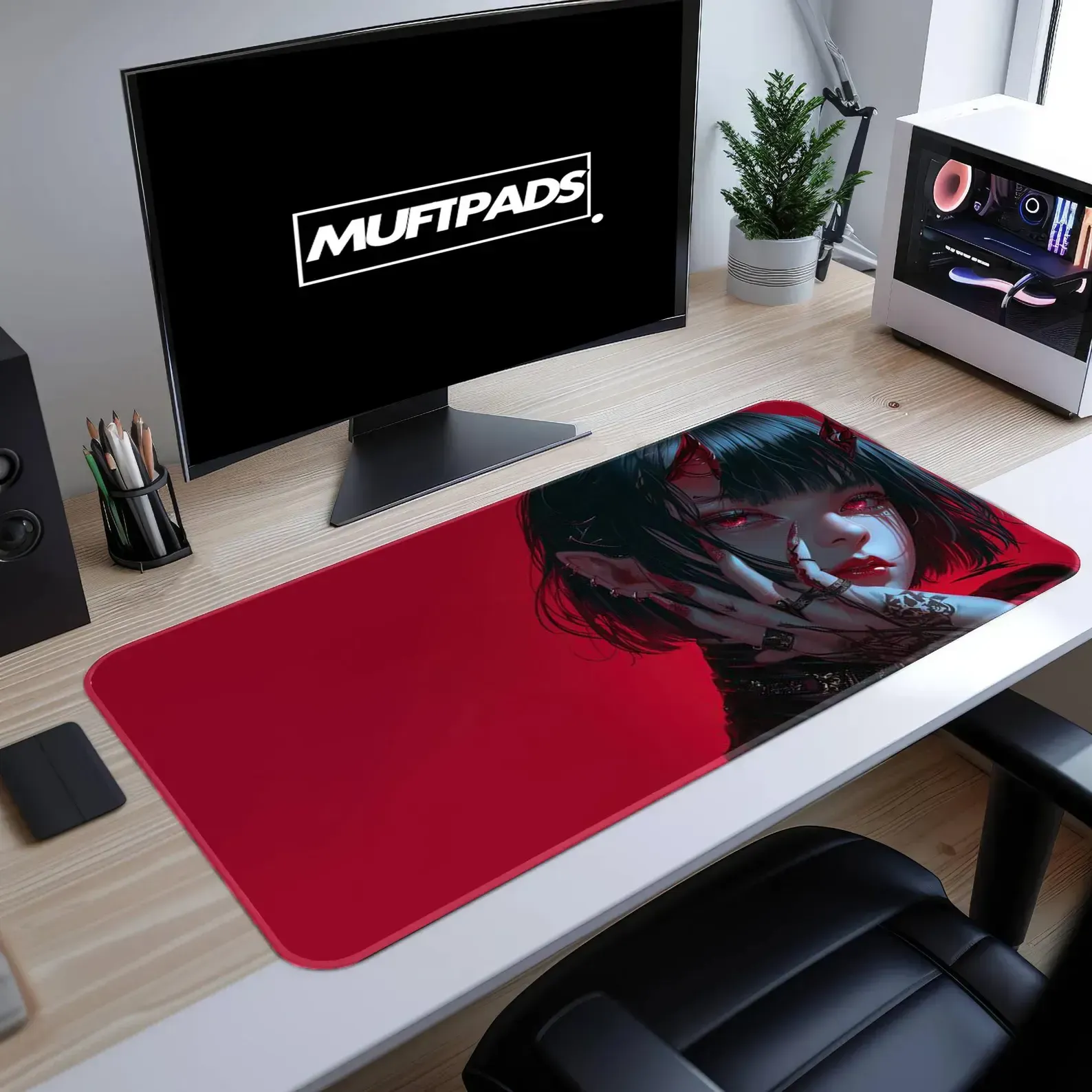 Gothic Vampire Girl Desk Mat, Red Black Mouse Pad, Large Gaming Pad