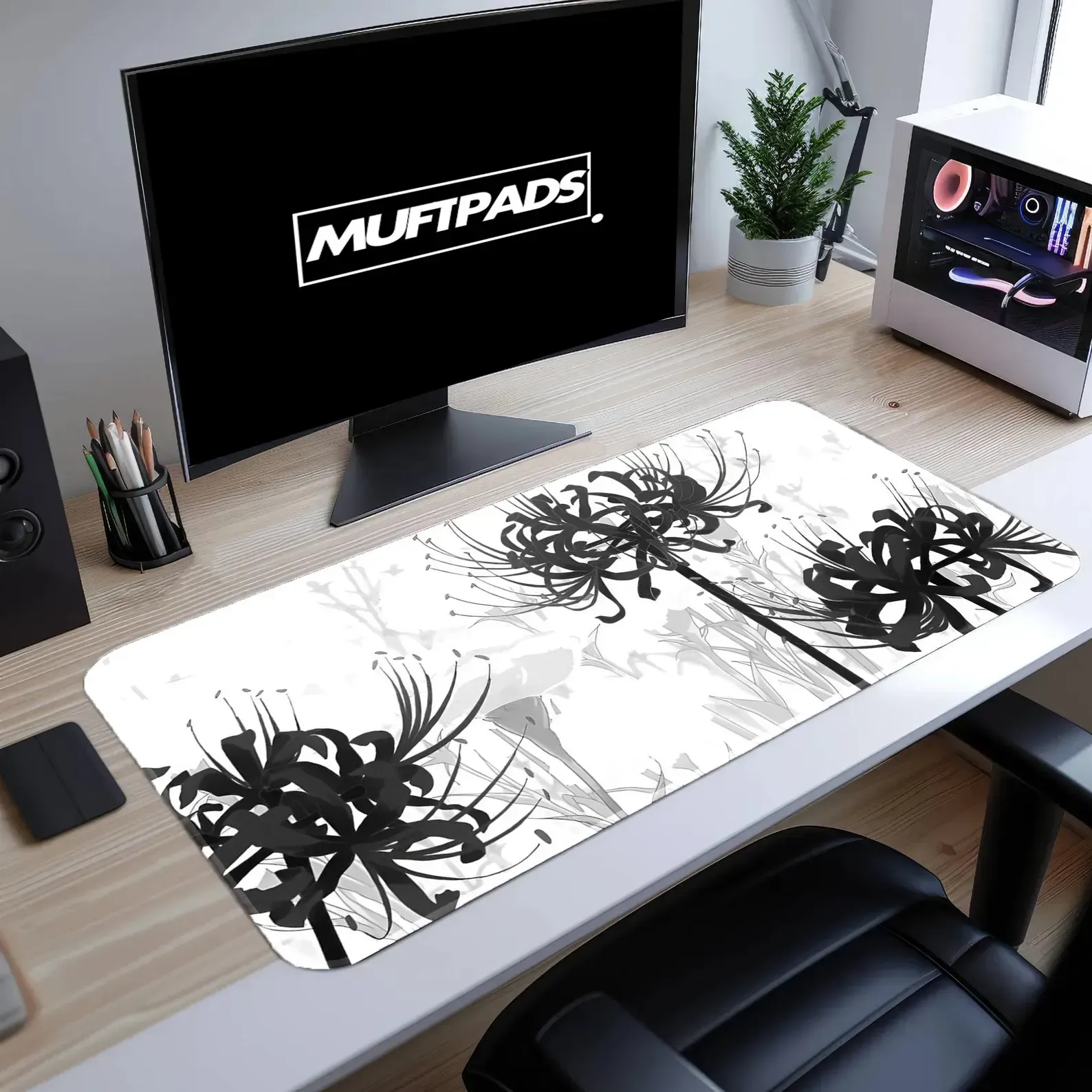 Spider Lily Desk Mat, Botanical Gaming Mouse Pad, Black White Silhouette Art