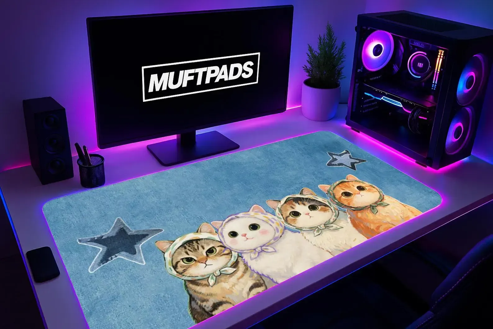 Kawaii Cats Hoodie Desk Mat, Blue Gaming Mouse Pad, Star Art