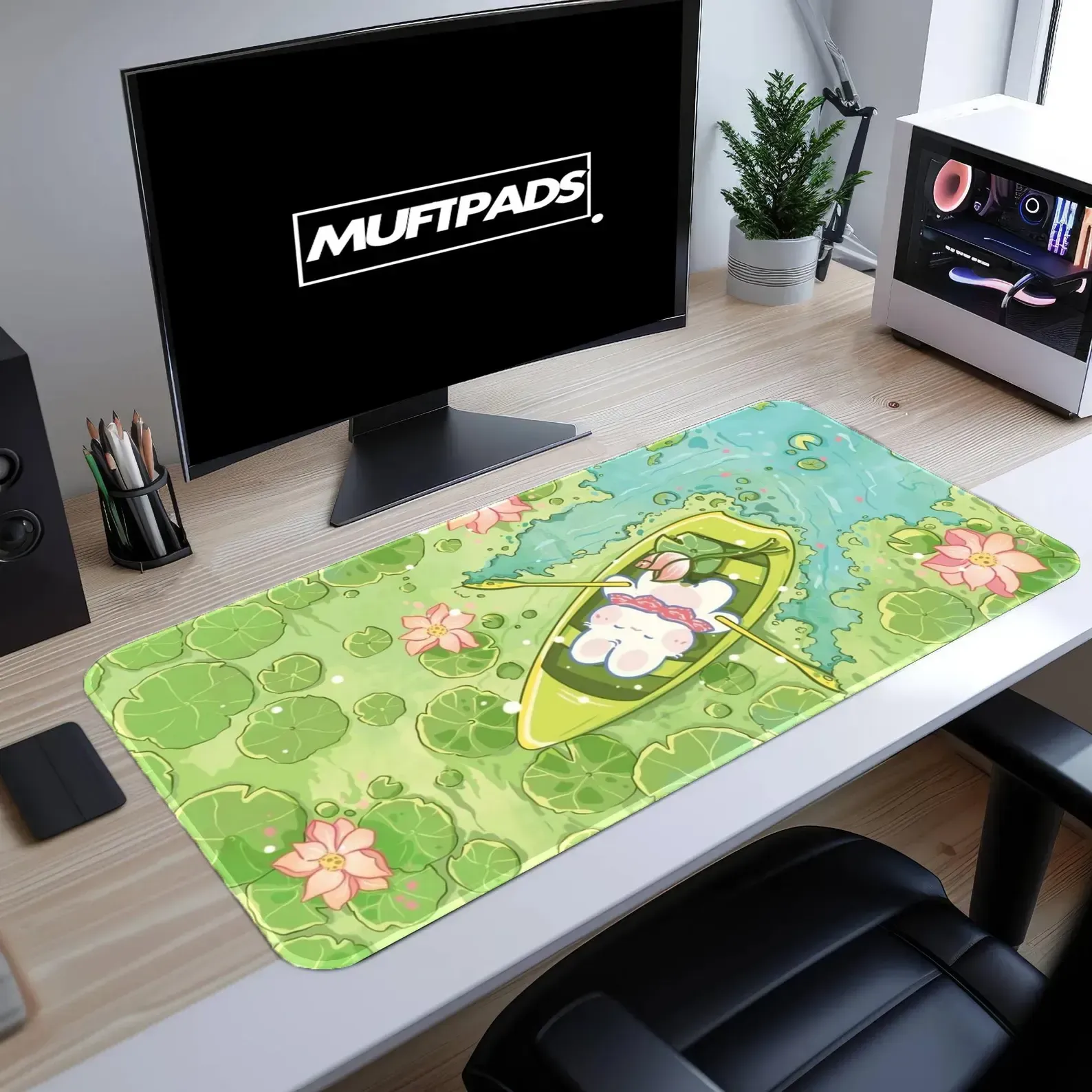 Kayaking Bunny Pond Desk Mat, Green Nature Mouse Pad, Lily Pad Art