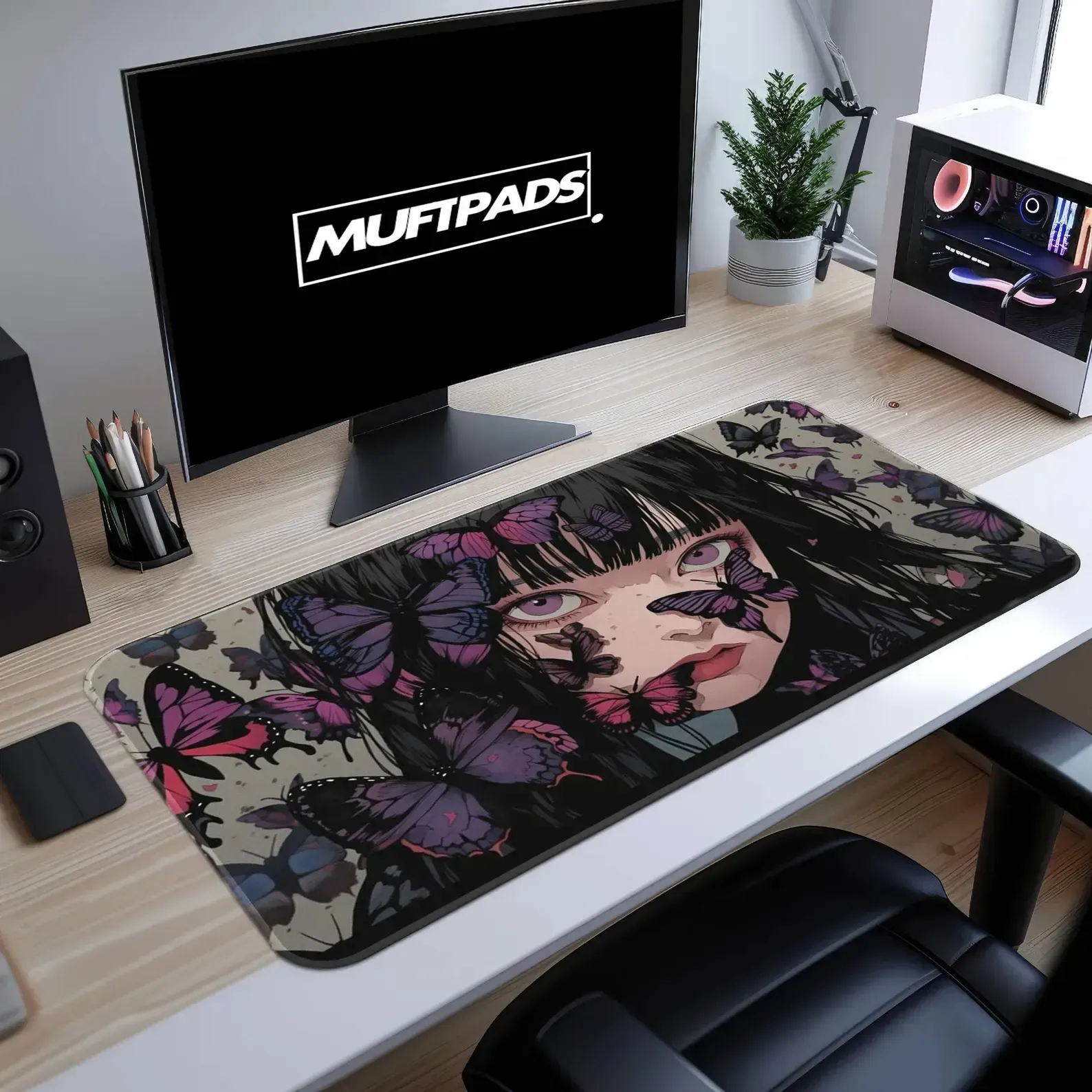 Anime Butterfly Girl Desk Mat, Purple Gothic Ethereal Mouse Pad