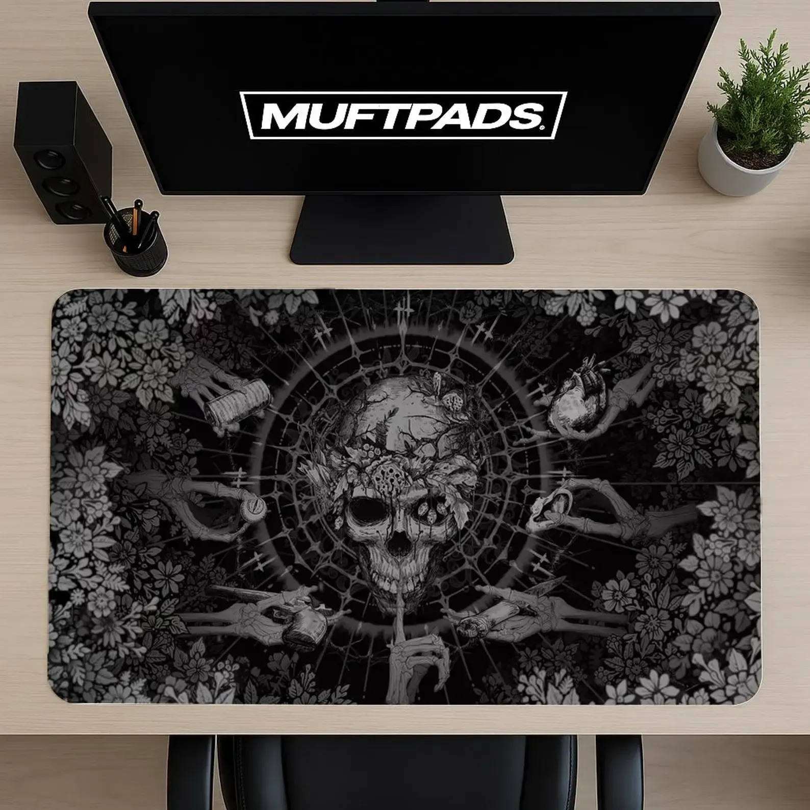 Gothic Skull Desk Mat, Dark Mandala Mouse Pad, Botanical Gaming Pad