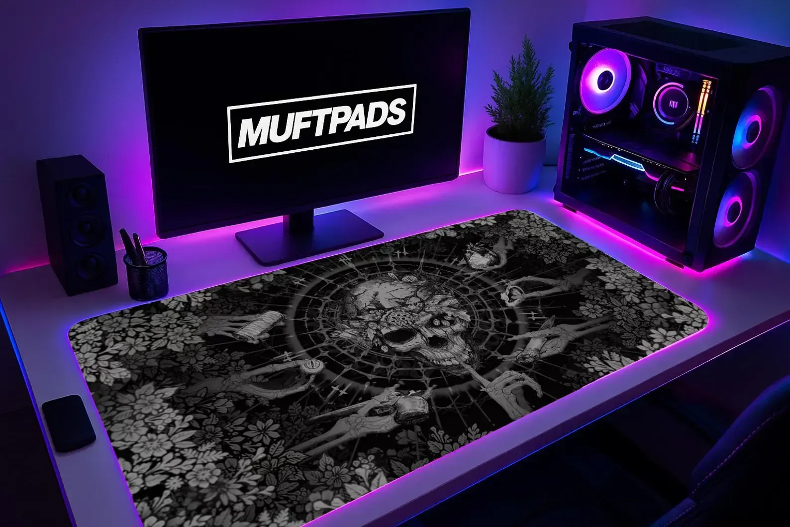 Gothic Skull Desk Mat, Dark Mandala Mouse Pad, Botanical Gaming Pad