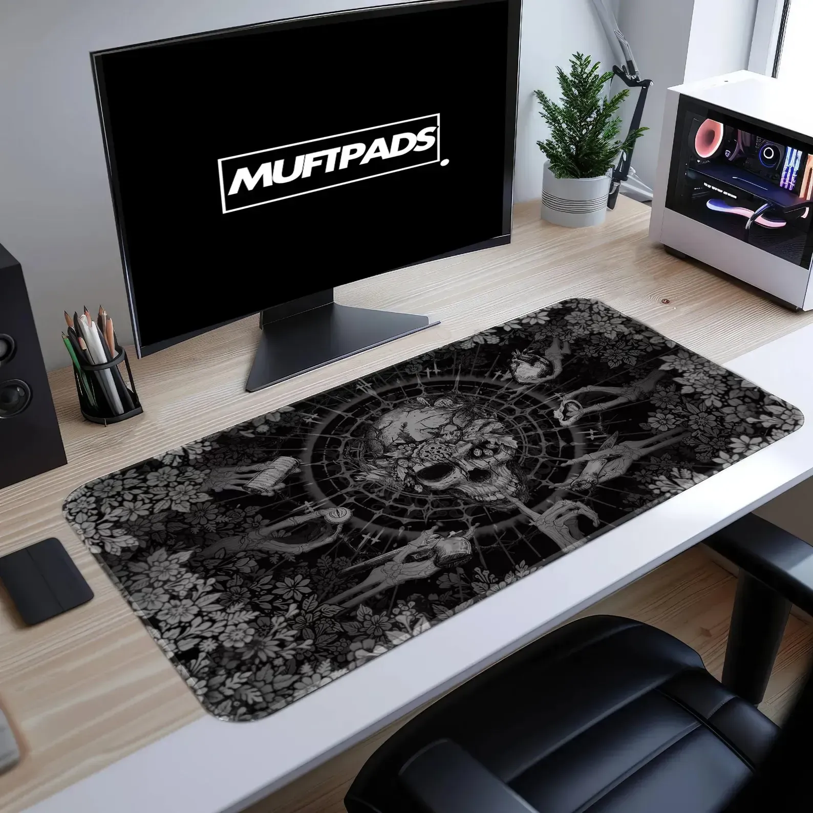Gothic Skull Desk Mat, Dark Mandala Mouse Pad, Botanical Gaming Pad