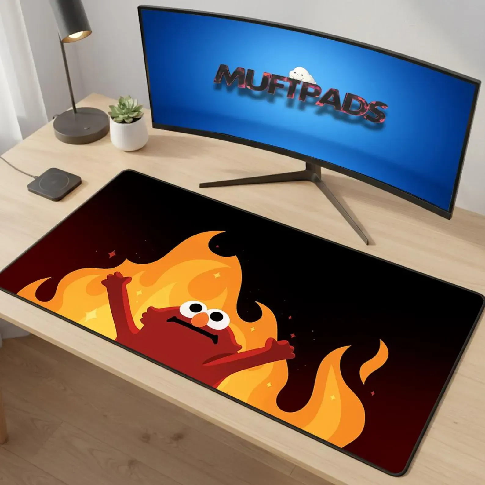 Funny Desk Mat with Cartoon Fire Character - Large Gaming Mouse Pad for Office Setup